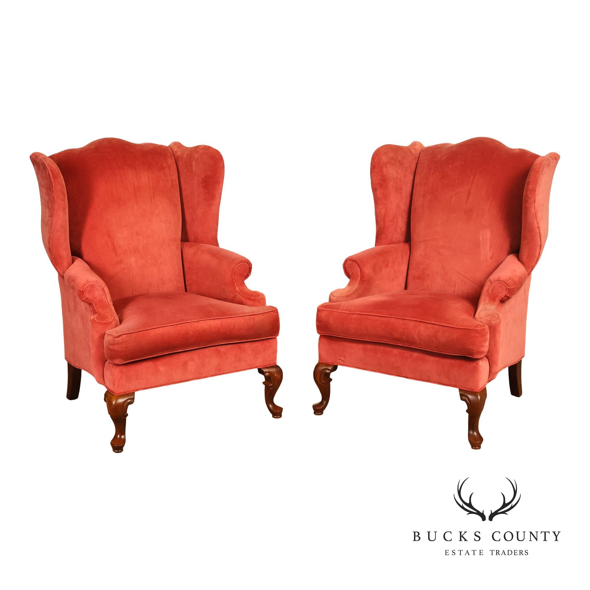 Thomasville Pair Of Traditional Coral Velvet Wingback Chairs