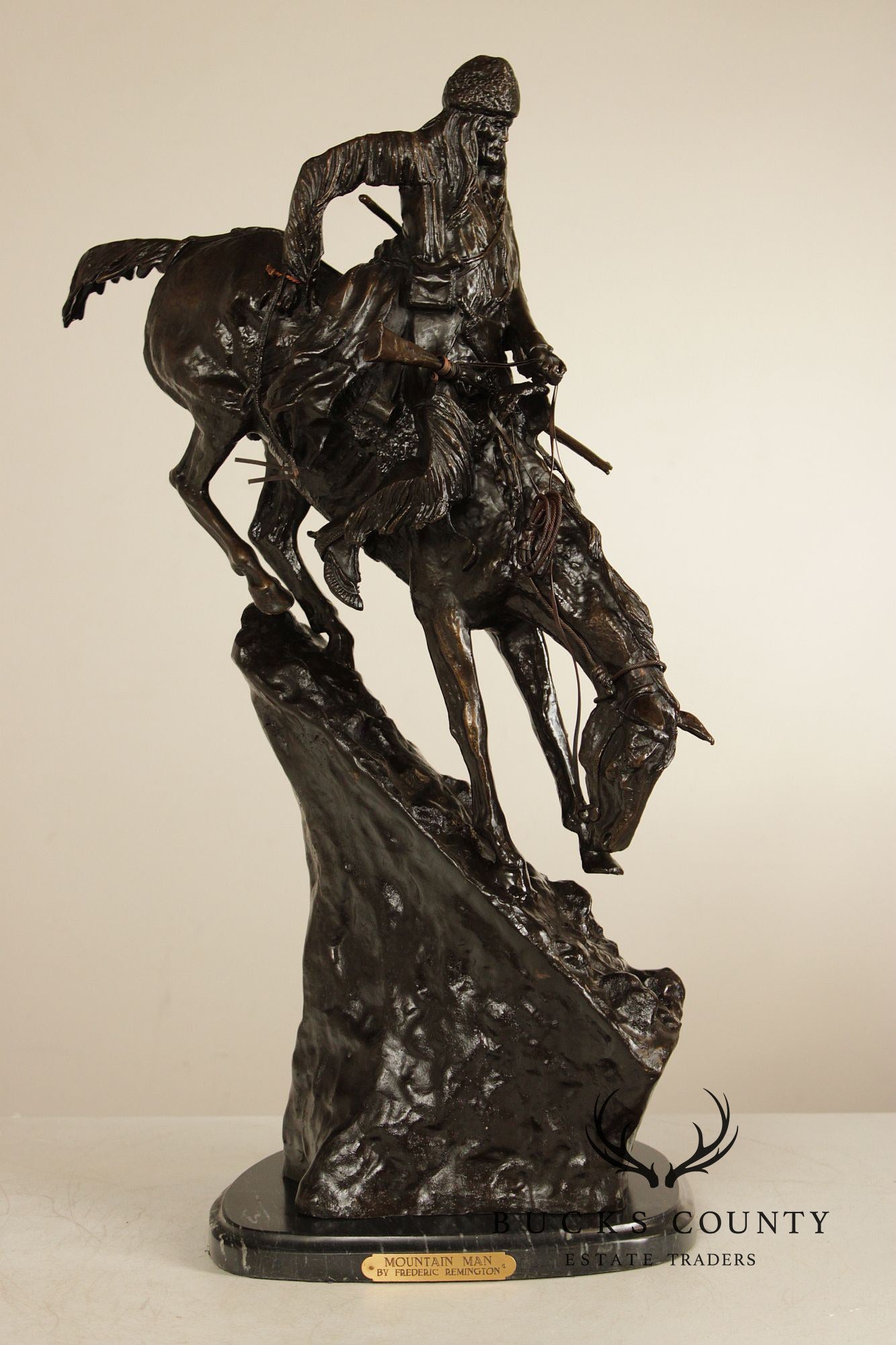 Frederic Remington Mountain Man Bronze Sculpture On Marble Base