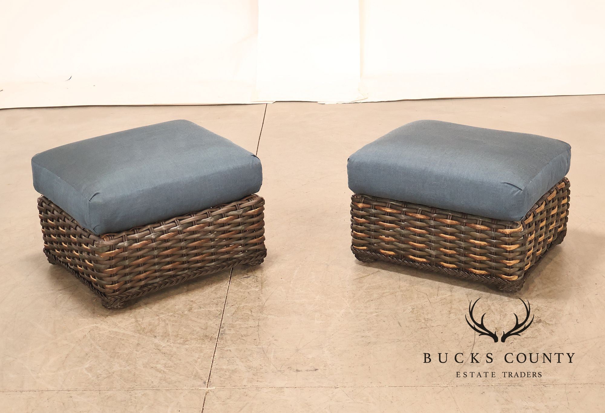 Lane Venture Weather Master Pair Of Woven Wicker Outdoor Ottomans With Blue Cushions