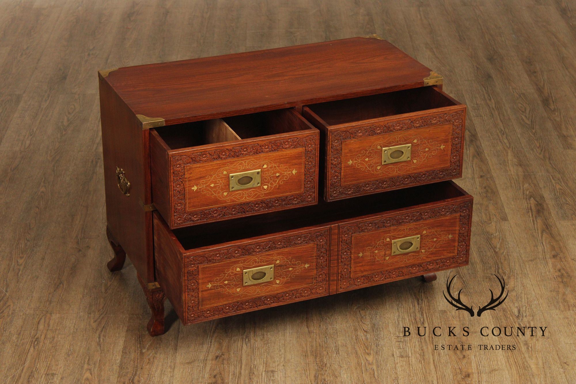 Brass Inlaid And Carved Teak Four Drawer Campaign Chest
