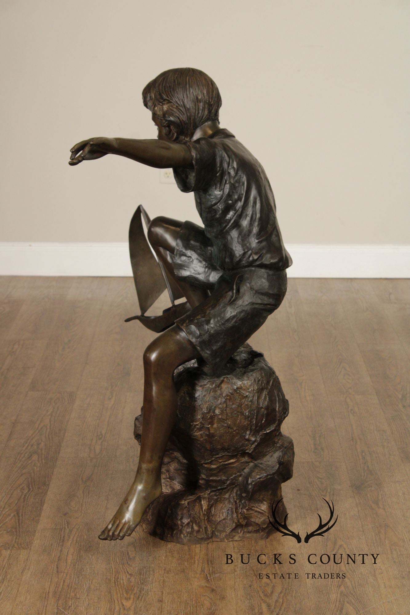 Bronze Life Size Garden Statue Of Boy With Sail Boat