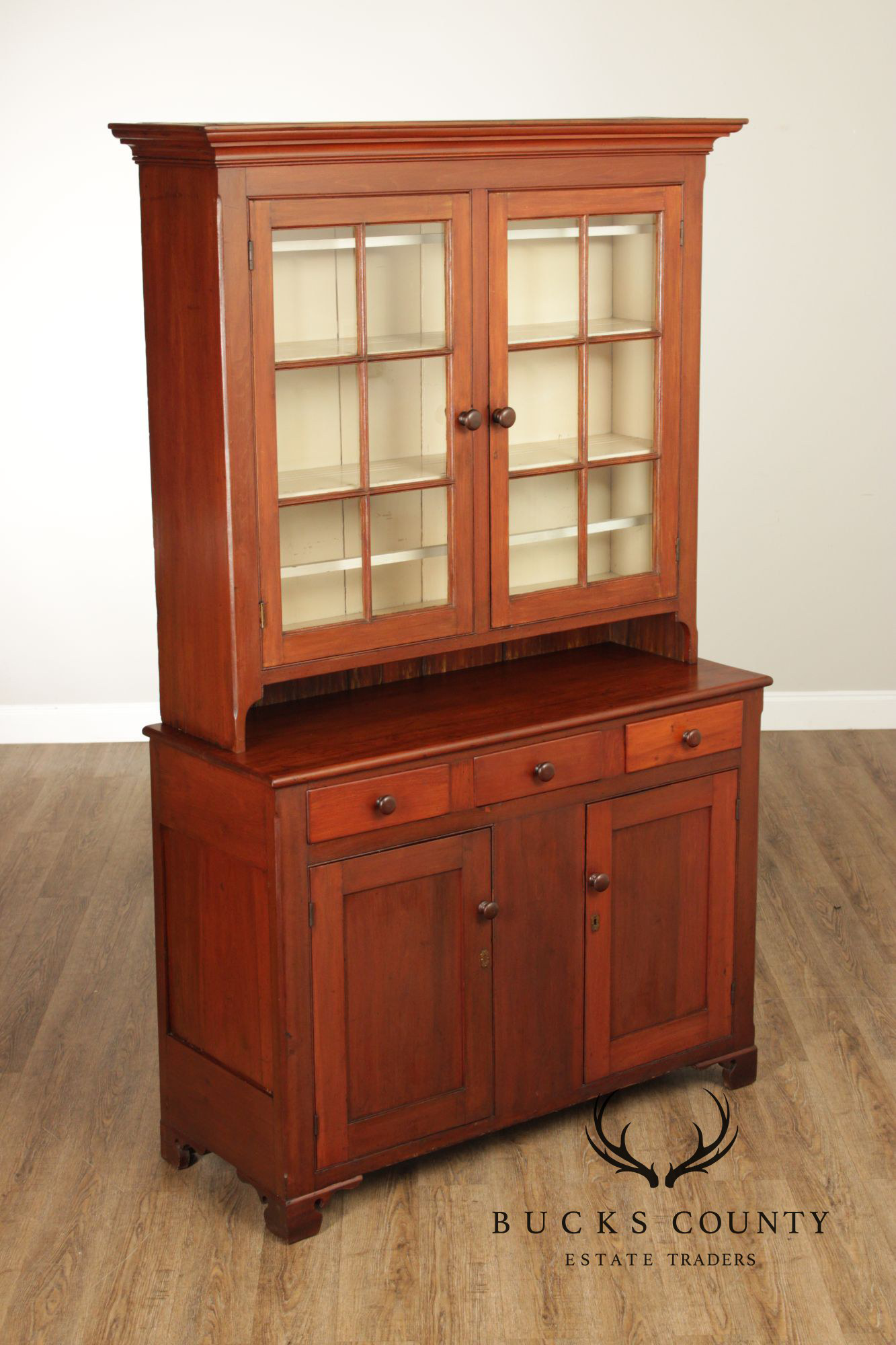 Antique American Cherry Dutch Cupboard Two Piece Hutch Cabinet