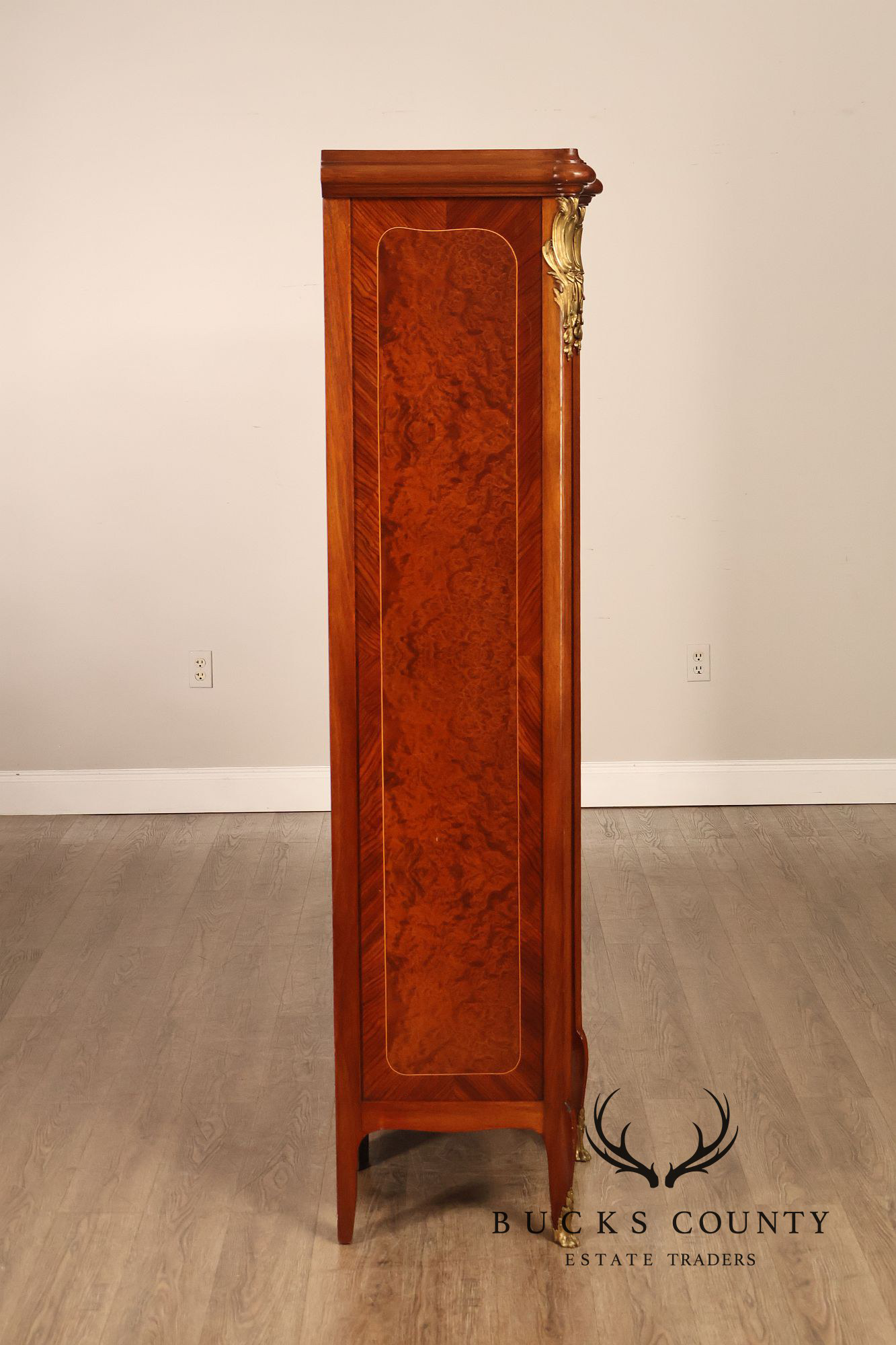 French Louis XV Style Burl Wood Three Door Bookcase Display Cabinet