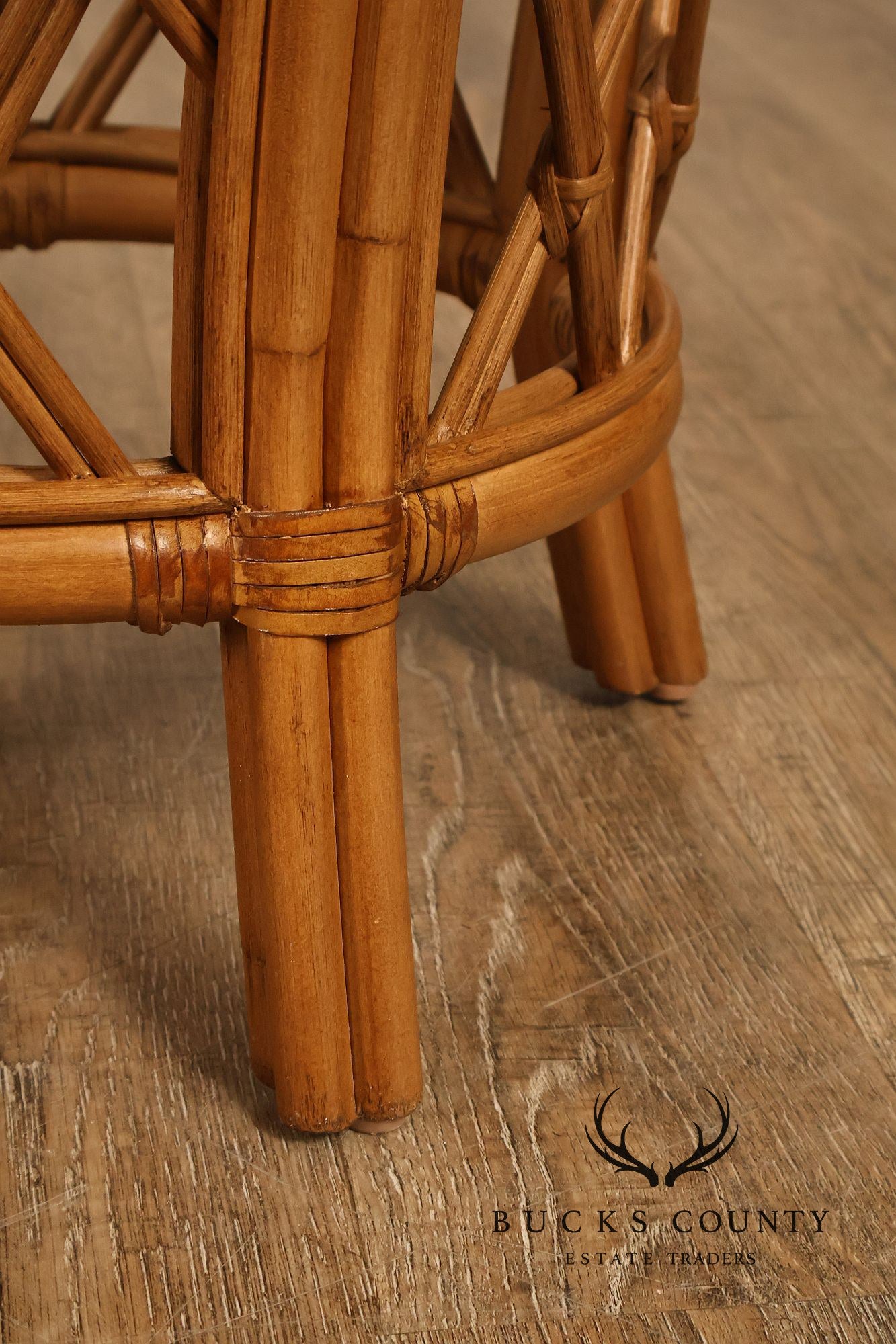 Boho Chic Pair of Round Glass Top Bamboo End Tables