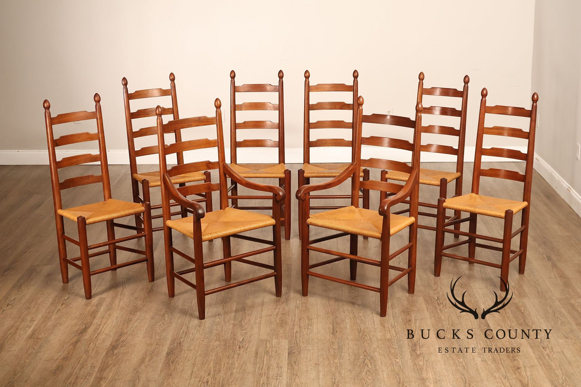 E.A. Clore Custom Walnut Set Of Eight Ladder Back Dining Chairs