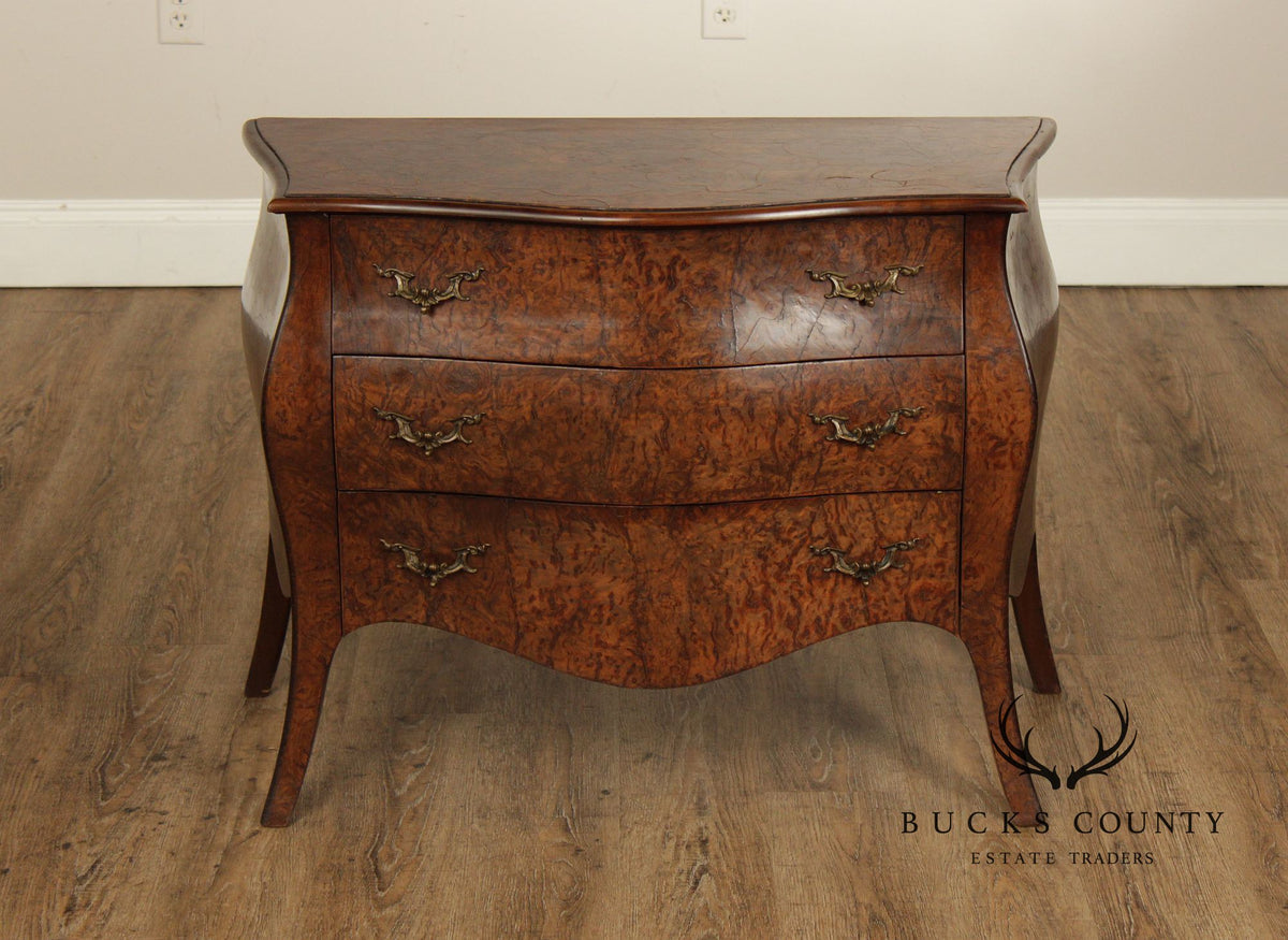 Vintage Louis XV Style Burlwood Bombe Three-Drawer Commode Chest