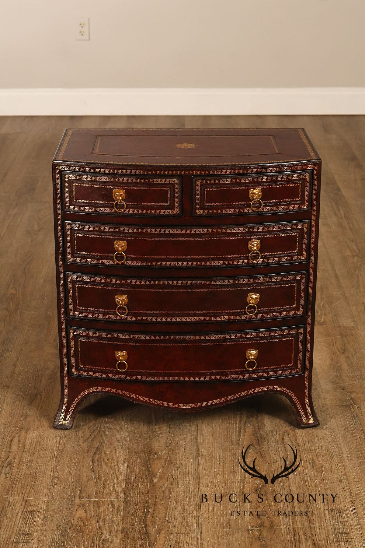 Maitland-Smith Neoclassical Leather Wrapped Bow Front Bedside Chest