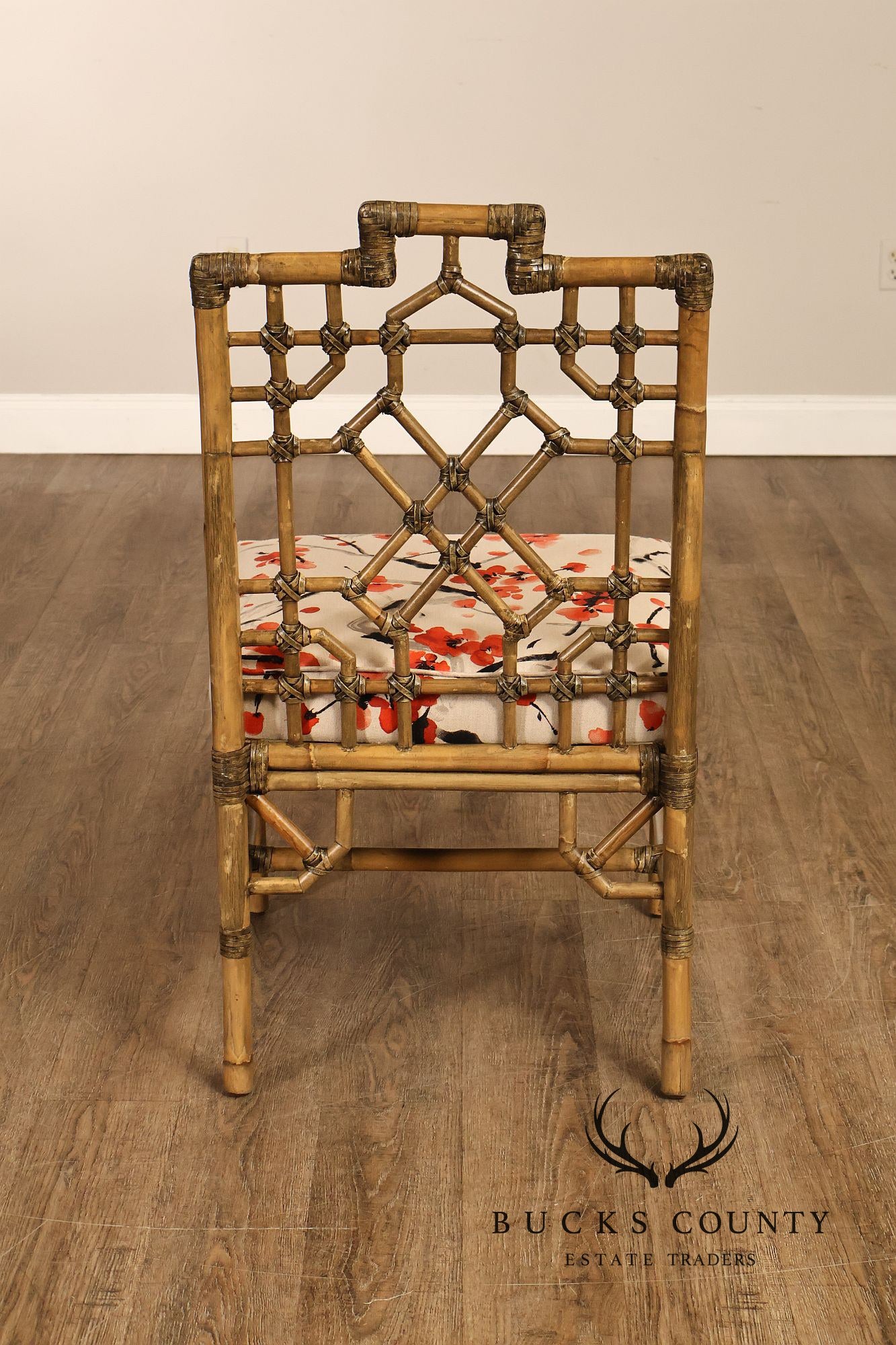 Chinese Chippendale Style Set Of Four Rattan Bamboo Dining Chairs
