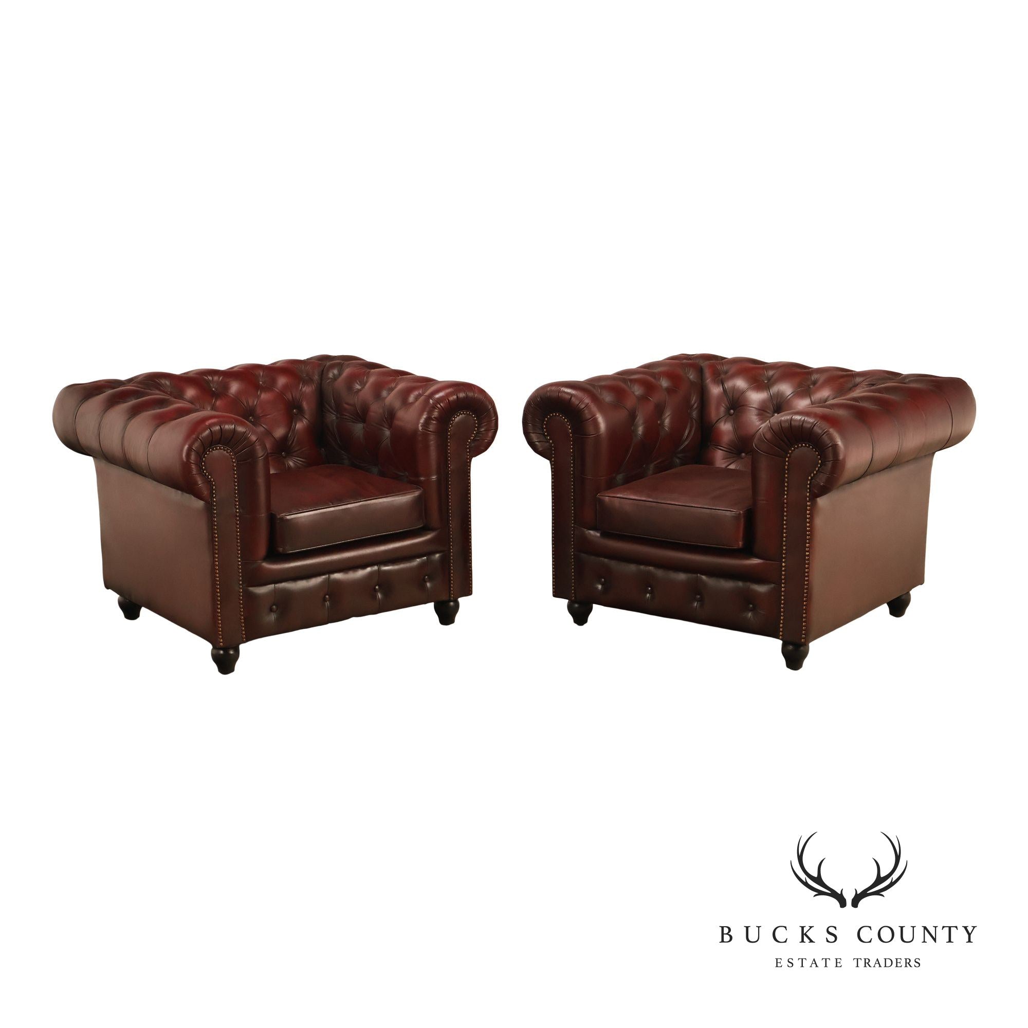 Chesterfield Style Pair Of Oxford Red Tufted Leather Club Chairs
