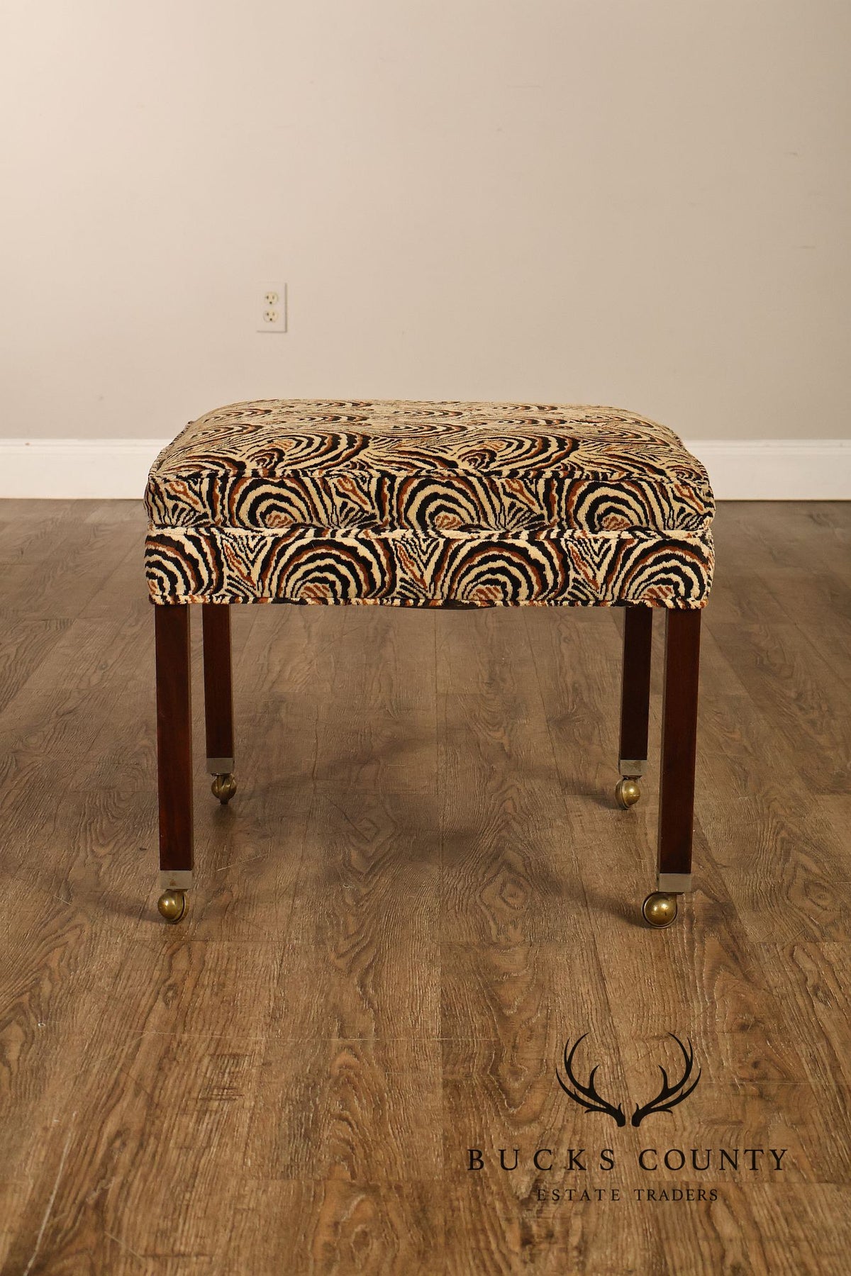 Postmodern Style Pair Of Square Upholstered Stools With Brass Casters