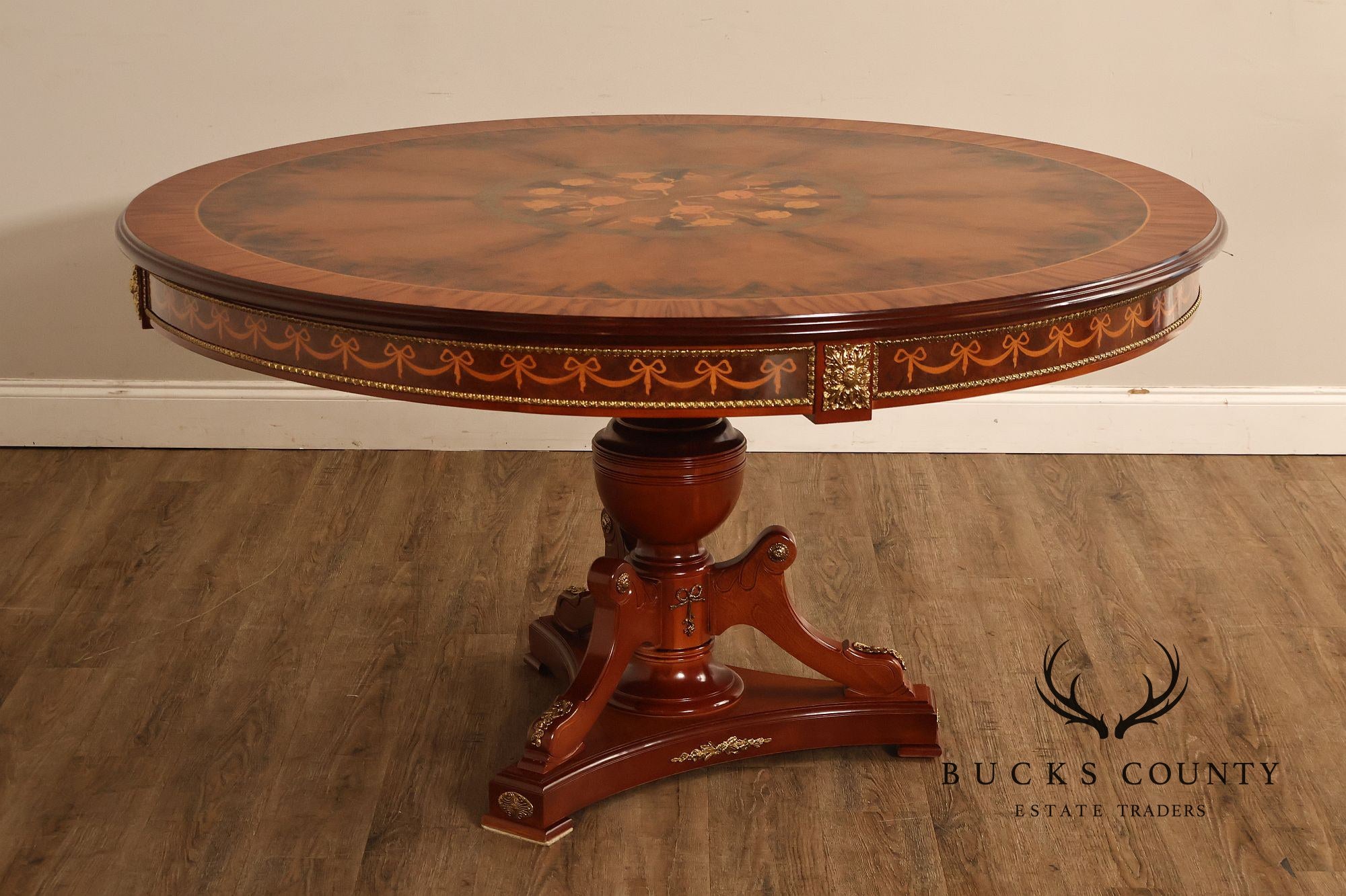 60” Round Pedestal Inlaid Burl Wood Dining or Center Table
