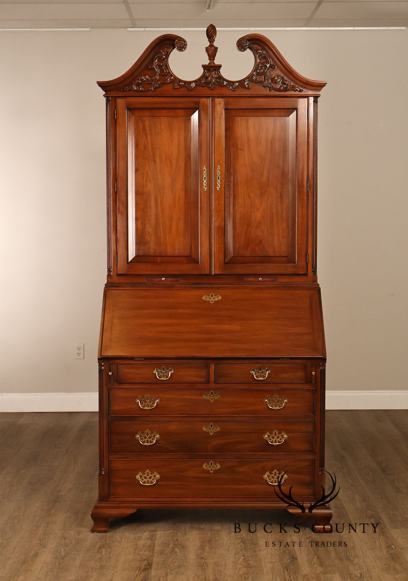 HENKEL HARRIS CHIPPENDALE STYLE TWO PART BLACK WALNUT BLIND DOOR SECRETARY DESK