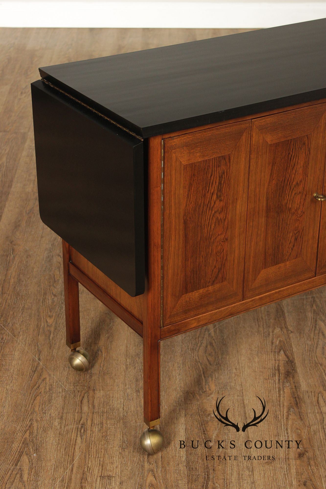 American Of Martinsville Mid Century Walnut And Rosewood Drop Leaf Bar Cart