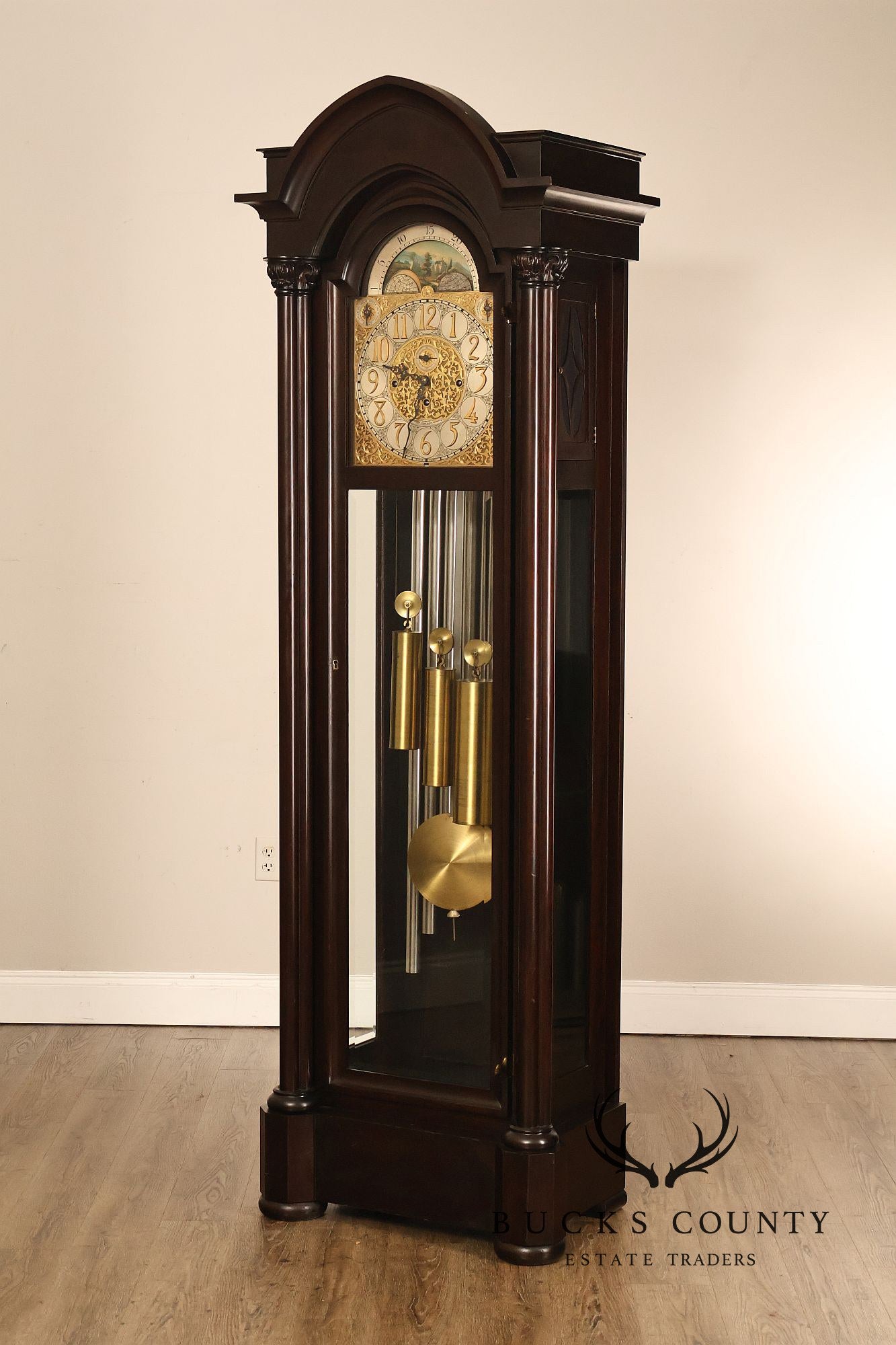 American Chime Clock Co Nine Tube Grandfather Clock with Moon Dial and Westminster Chime Movement