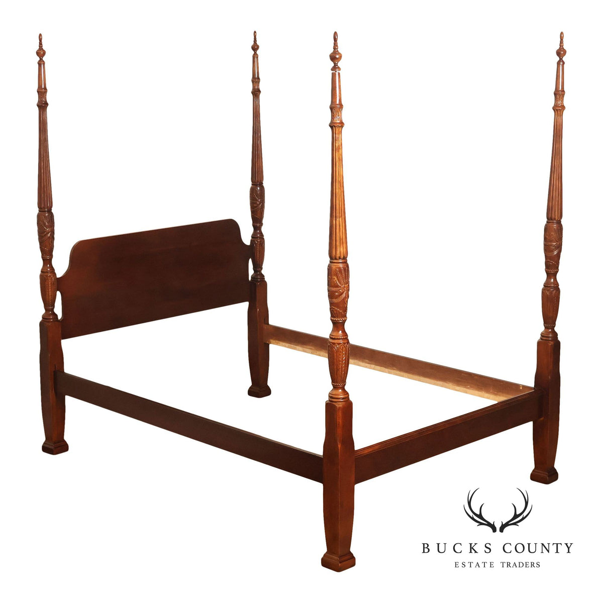 Traditional Rice Carved Mahogany Four Poster Bed