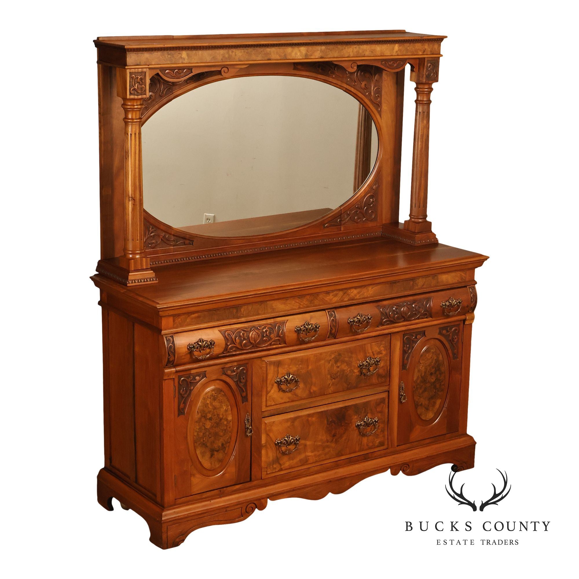 Antique Mirrored Burl Walnut Buffet Sideboard
