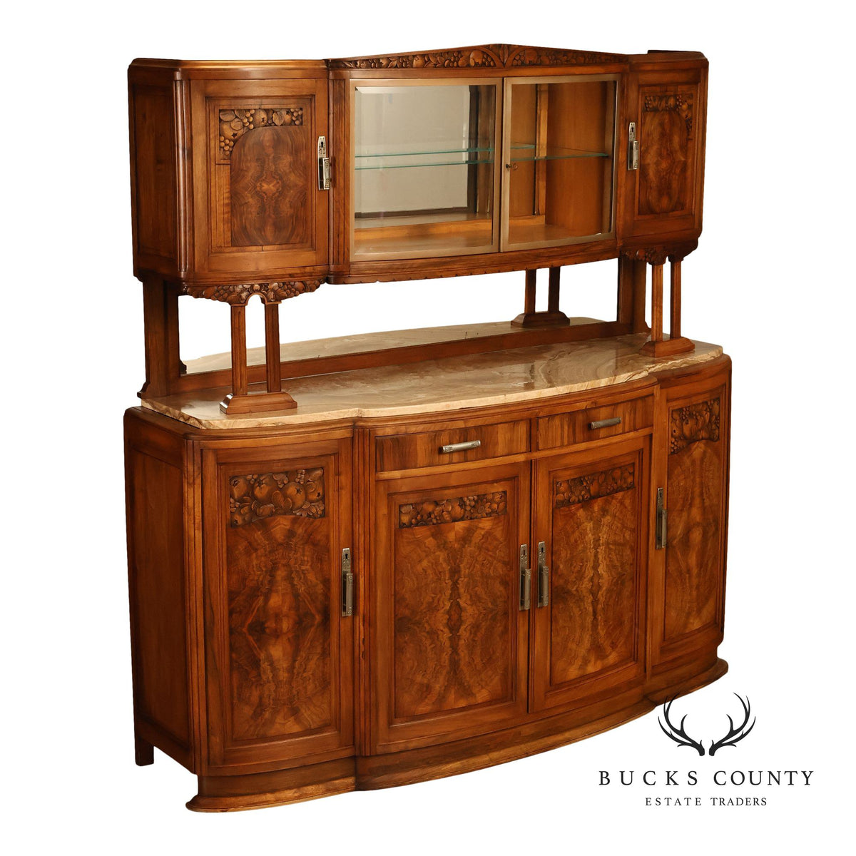 Antique European Art Deco Burl Walnut Marble Top Buffet With Art Nouveau Influence