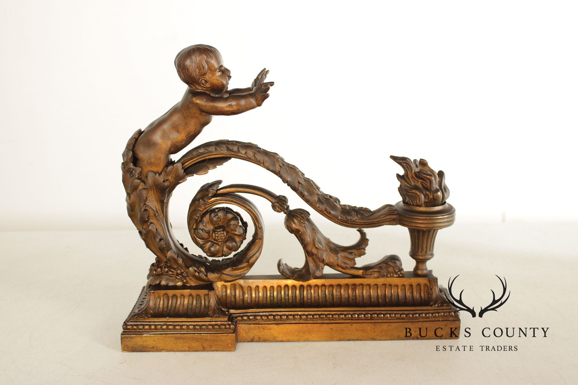 French Louis XV Style Antique Bronze Pair of Cherub Andirons