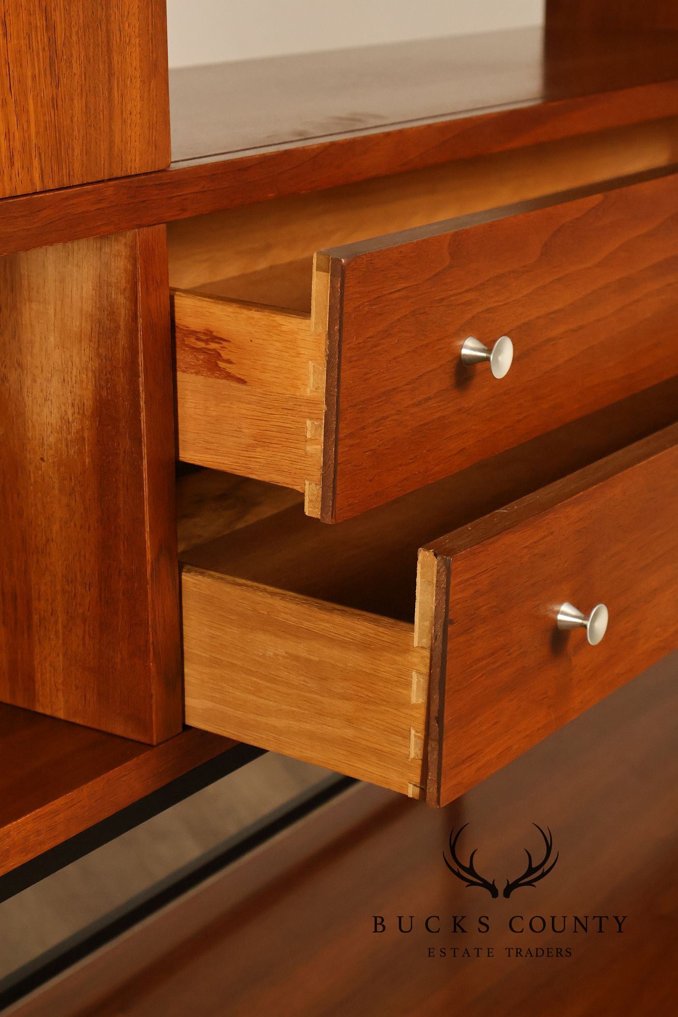 Stanley Mid Century Modern Walnut & Rosewood Inlaid Wall Unit Credenza