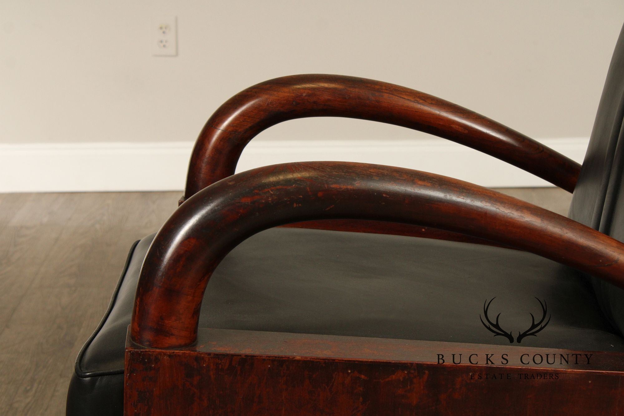 Art Deco Pair Of Streamline Moderne Rosewood And Black Leather Lounge Chairs