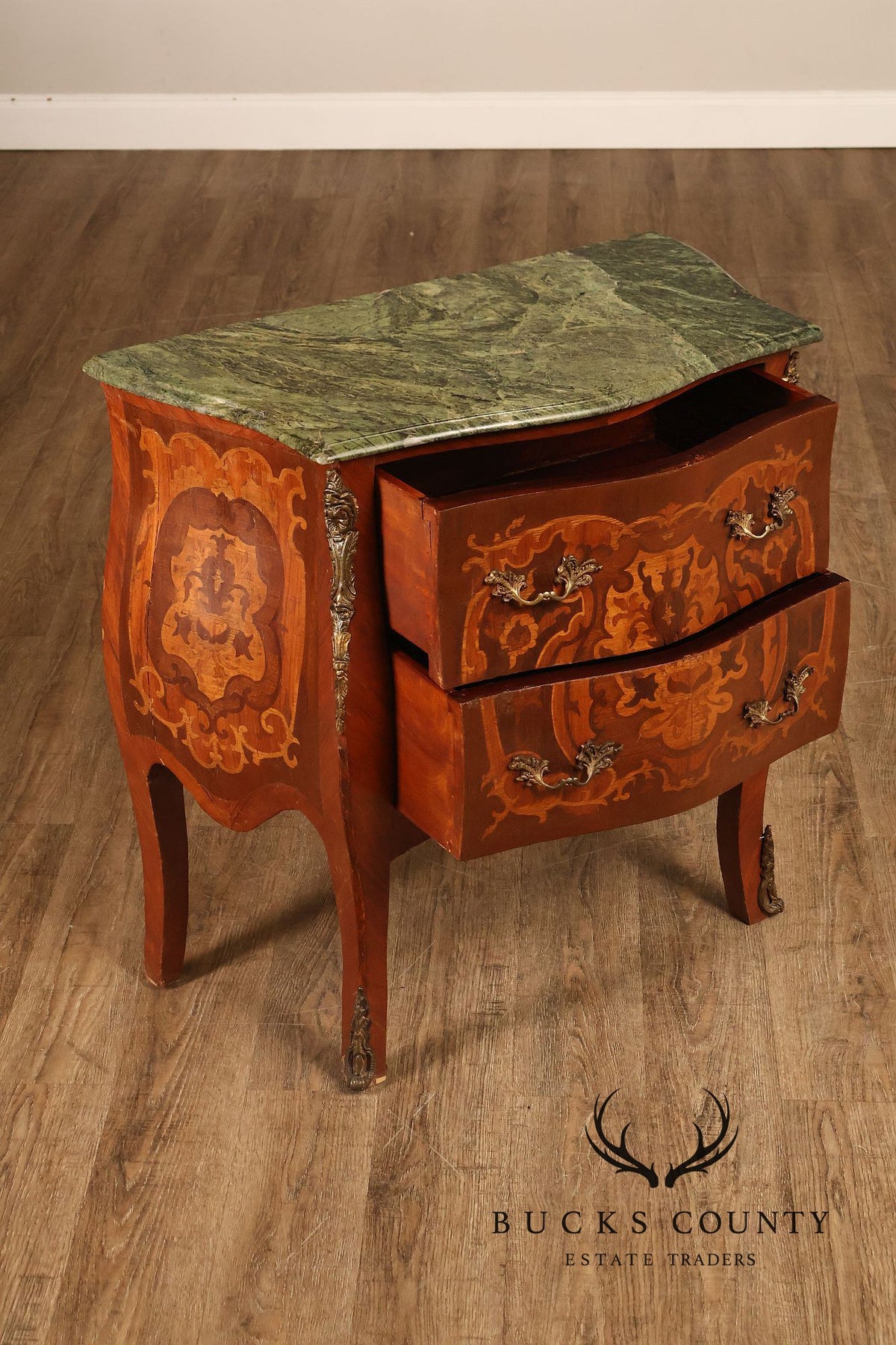 Louis XV Style Ormolu And Floral Marquetry Bombe Commode