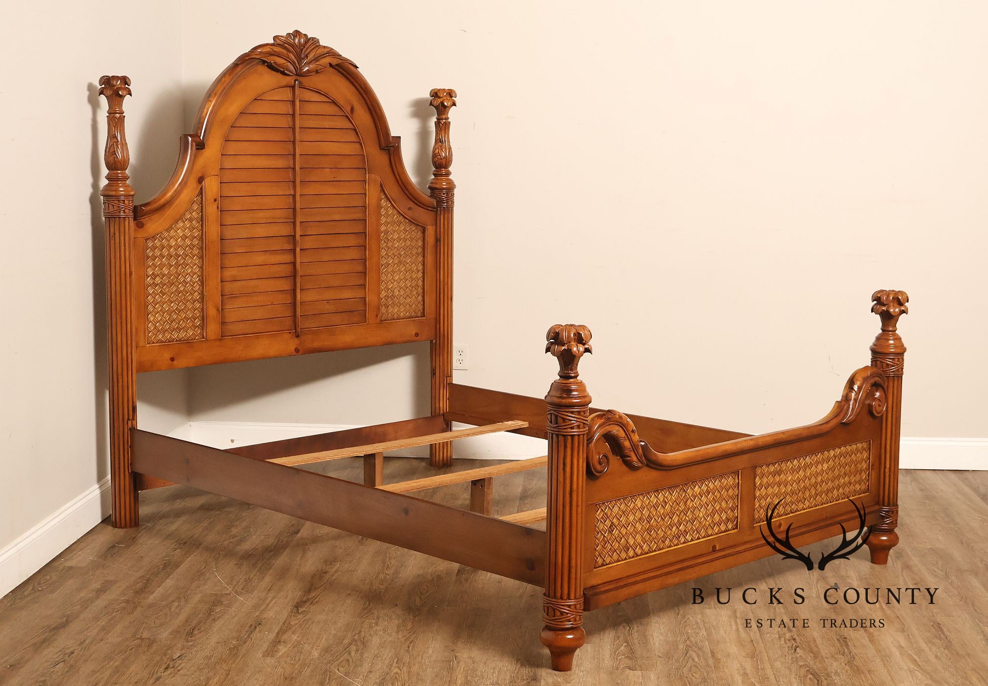 Tropical British Colonial Style Carved Wood Queen Poster Bed