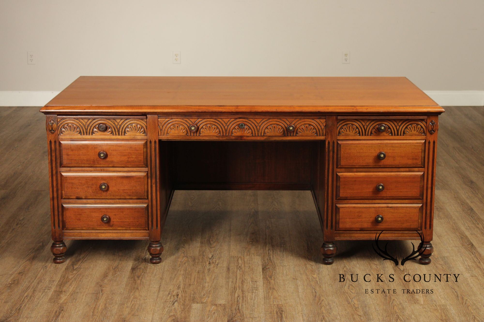 1930 Walnut Carved Pedestal Executive Desk with Pull-Out Writing Slides