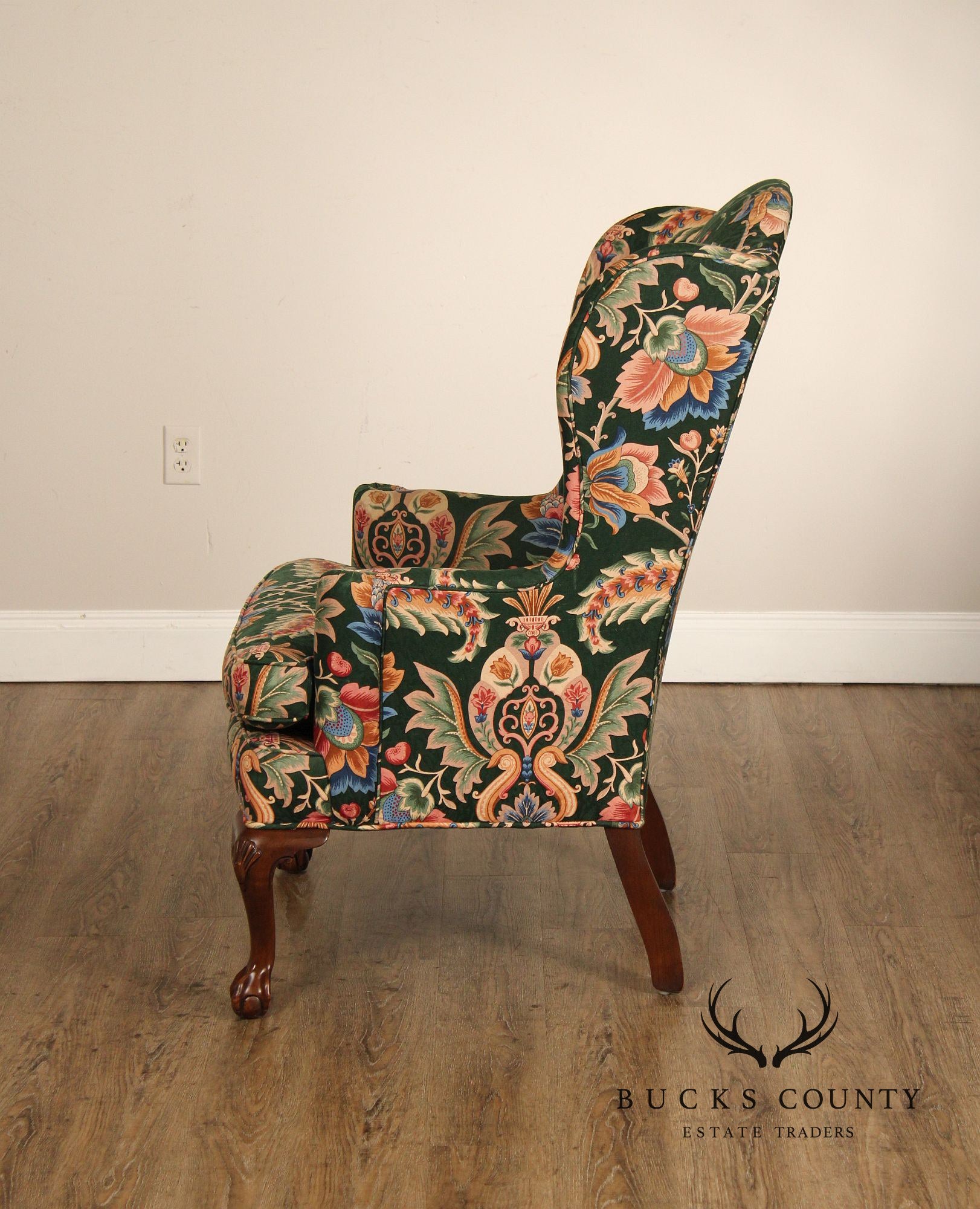 Ethan Allen Floral Upholstered Chippendale Style Wingback Chair