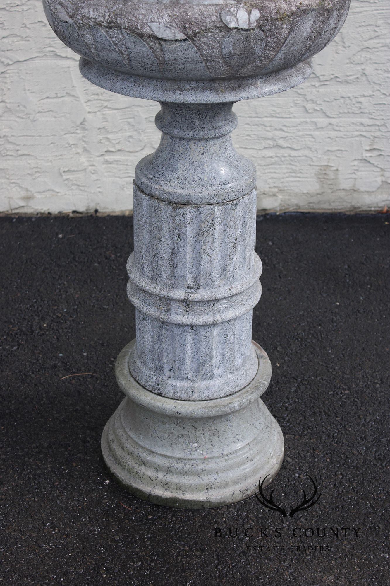 Vintage Pair Of Carved Granite Three-Piece Garden Urns On Pedestals