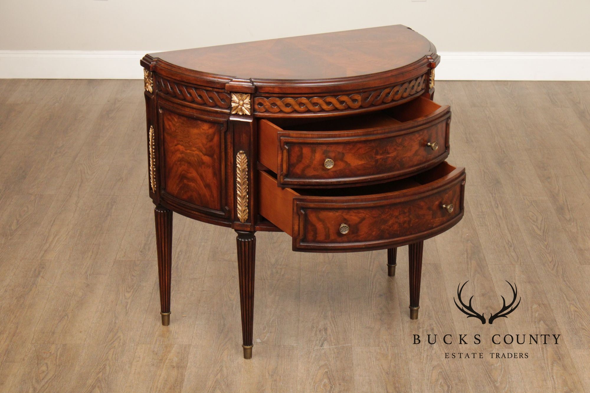 Monarch For Century Louis XVI Style Pair Of Mahogany Demilune Commodes