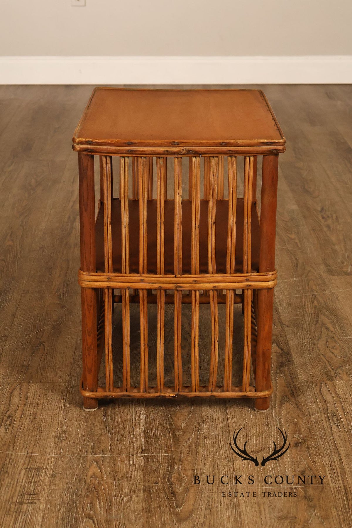 Antique Split Reed Rattan Pair of Side Tables