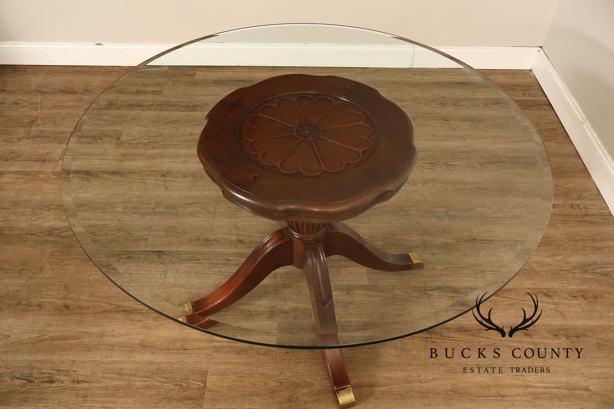 Lexington Furniture Round Glass Top Carved Mahogany Pedestal Table with Center Medallion