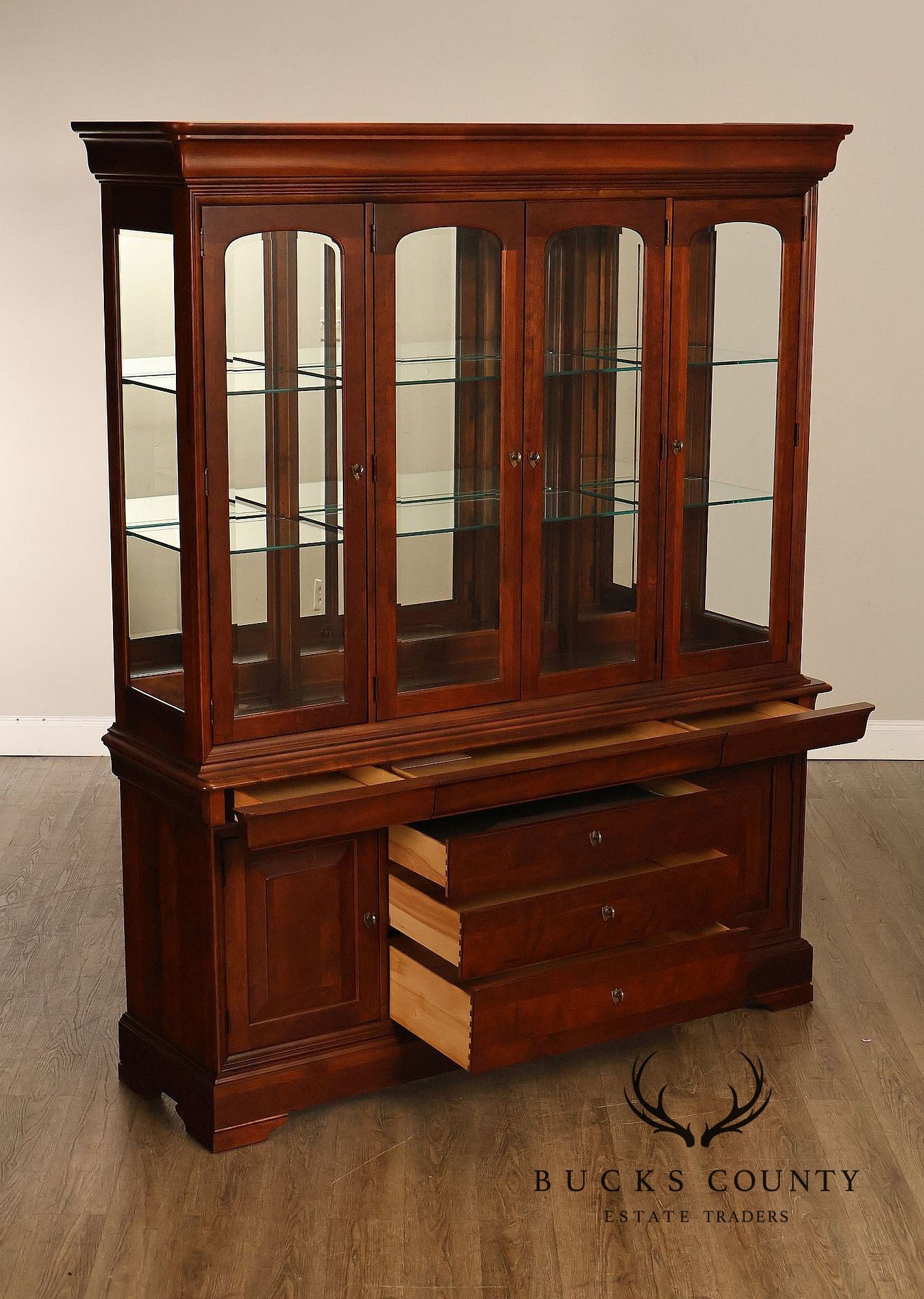 Pennsylvania House Louis Philippe Style Cherry Breakfront Lighted China Cabinet