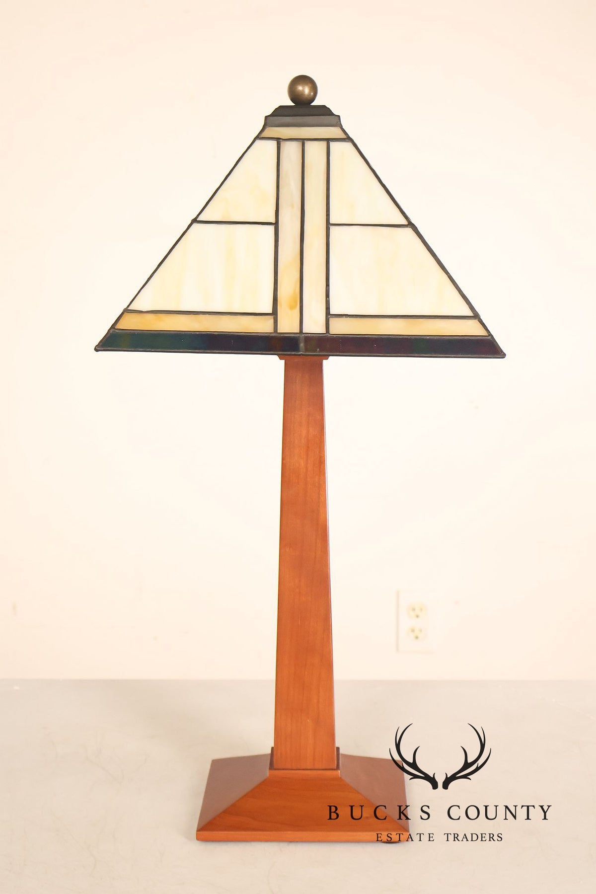 Stickley Stained Glass Shade Cherry Wood Table Lamp