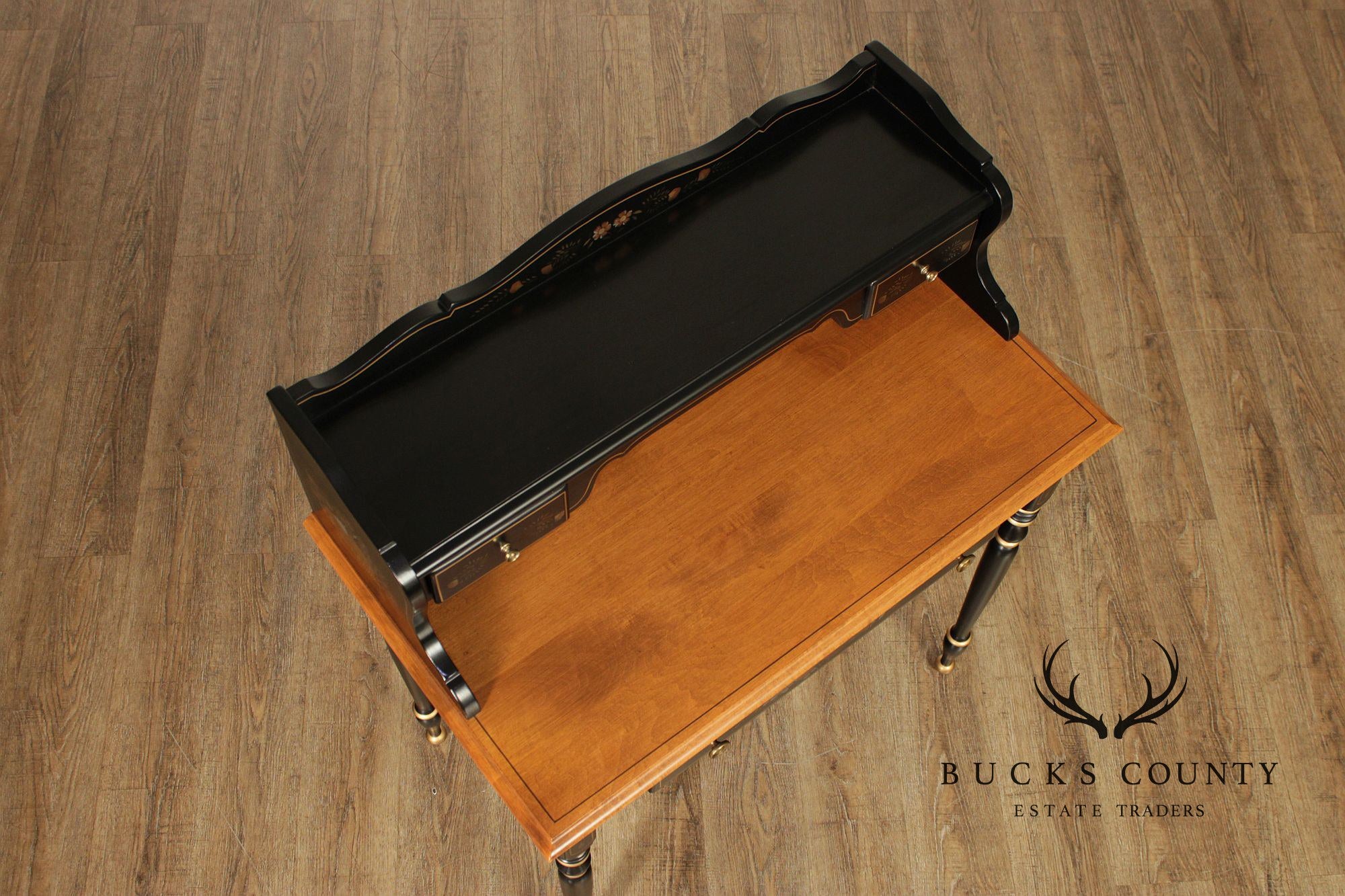 Ethan Allen Hitchcock Style Hand Painted Black Lacquer Writing Desk