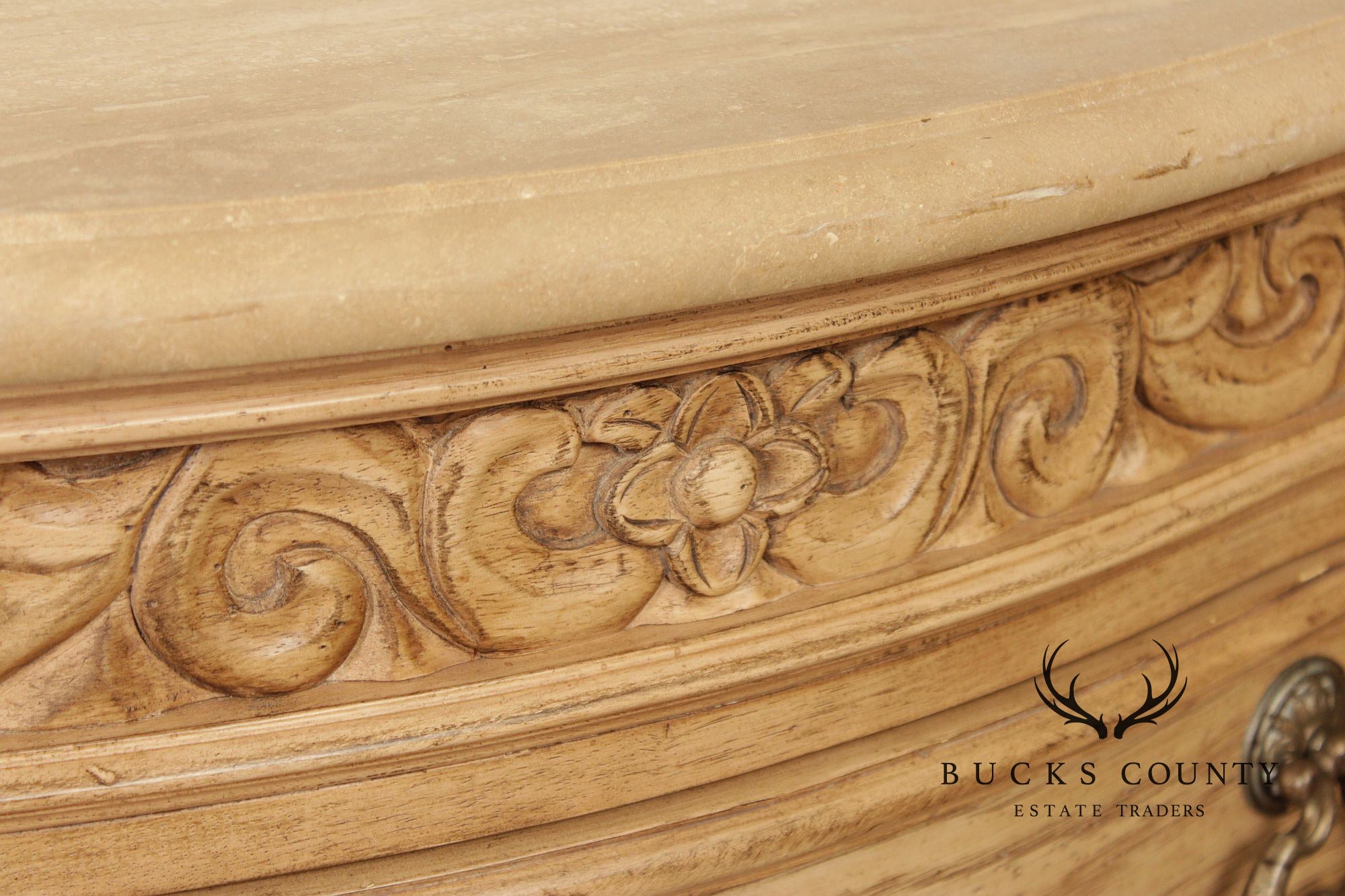 Bernhardt Tuscan Style Carved Cerused Oak Sideboard With Travertine Top