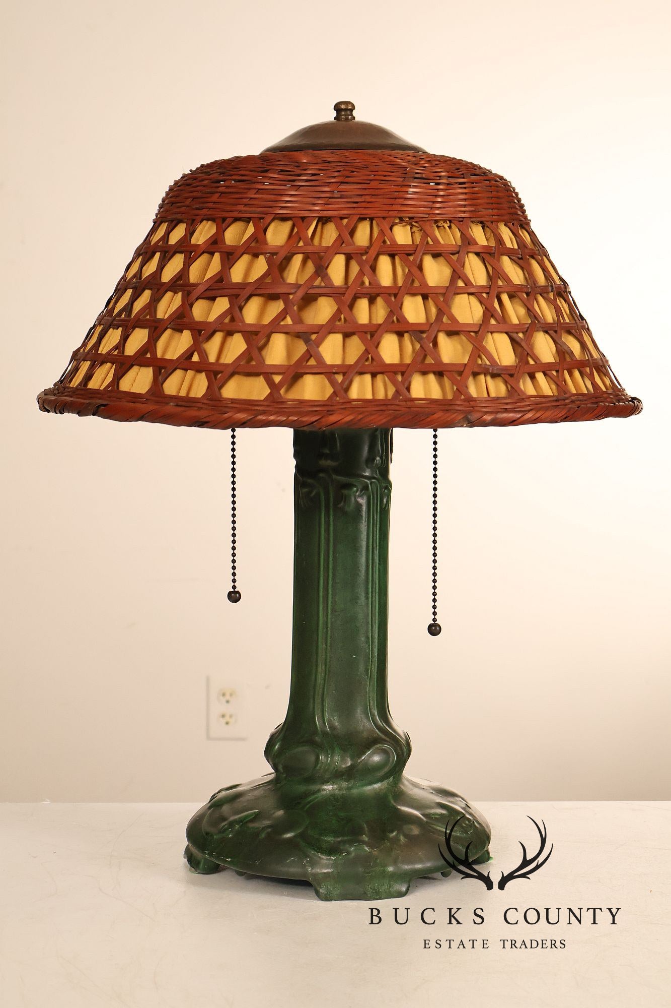 Weller Pottery Art Nouveau Green Glazed Table Lamp with Wicker Shade