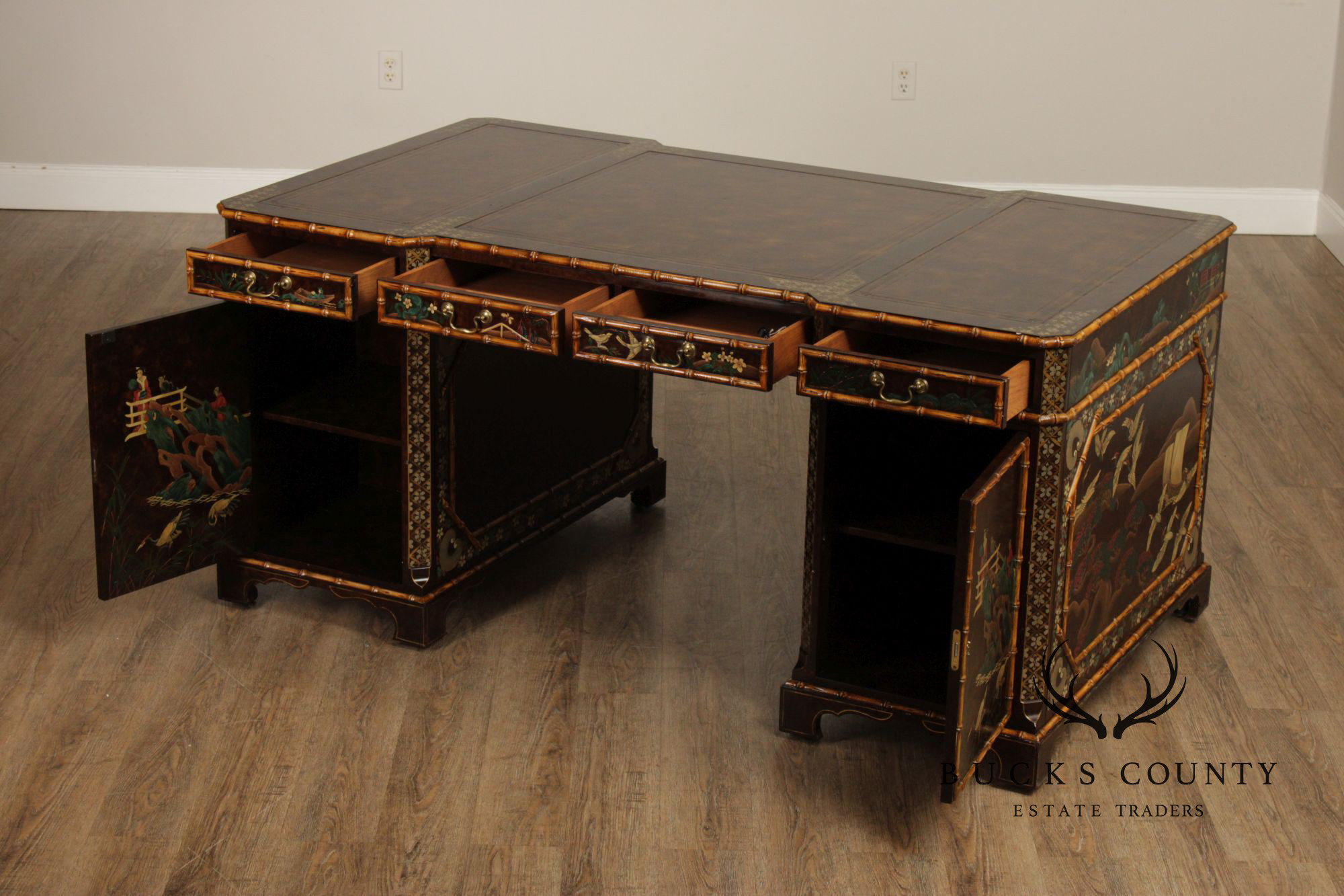 John Widdicomb Chinoiserie Leather Top Executive Partner's Desk
