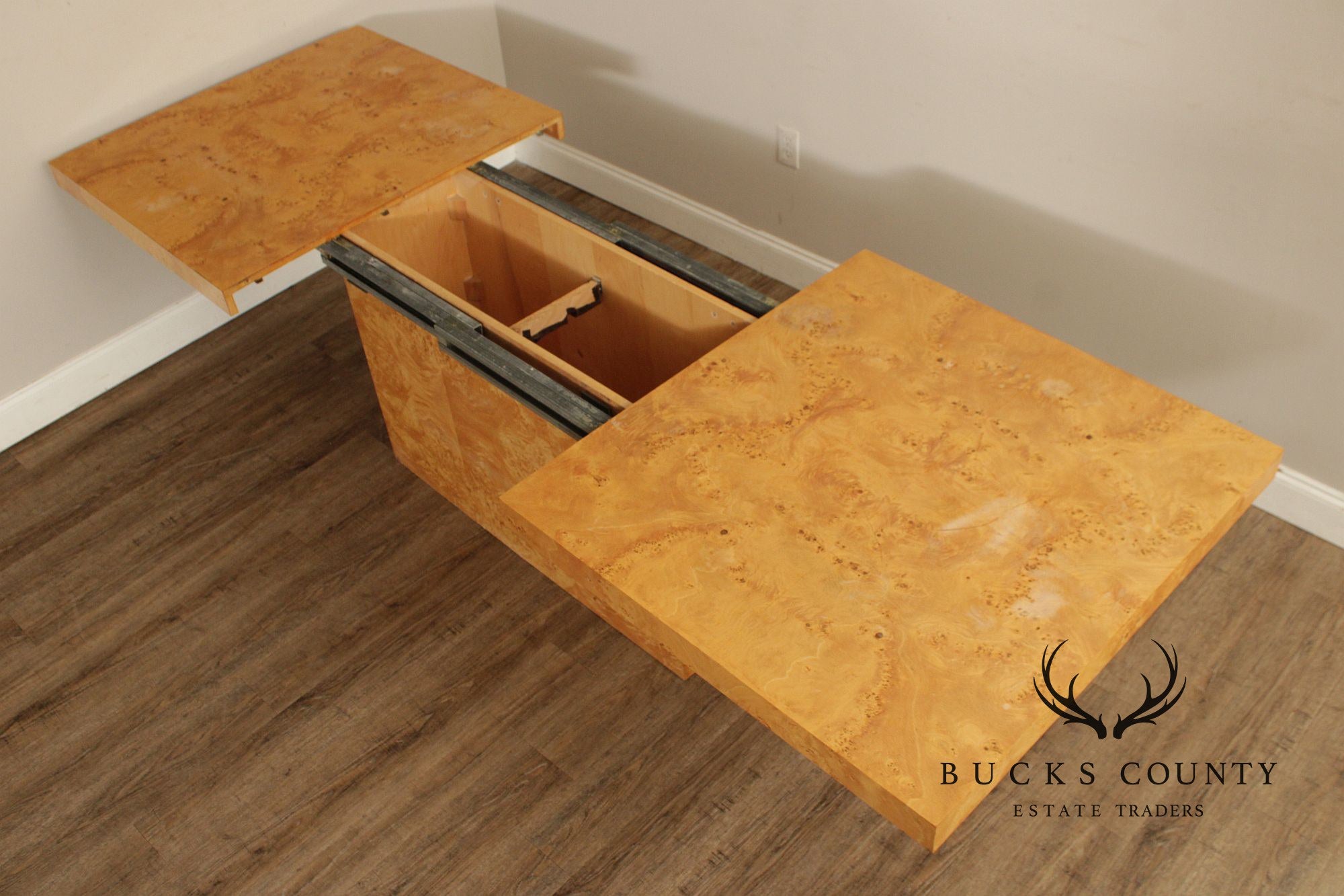 Milo Baughman Style Burlwood Extension Dining Table with 2 Leaves