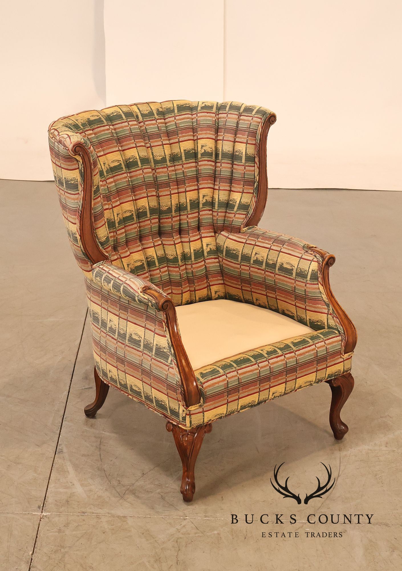 Vintage Channel Back Carved Frame Wingback Armchair
