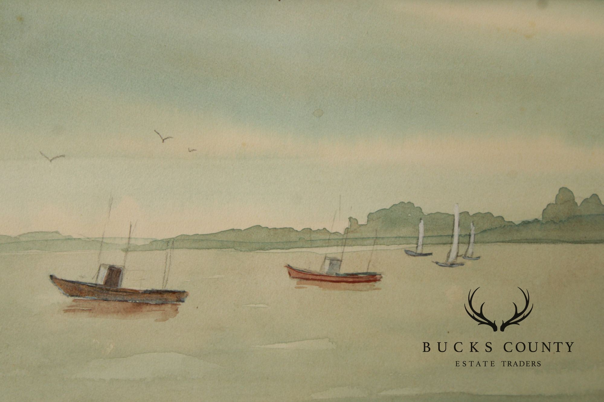 Bertha Ann Stupak Watercolor Painting, Boats in Harbor