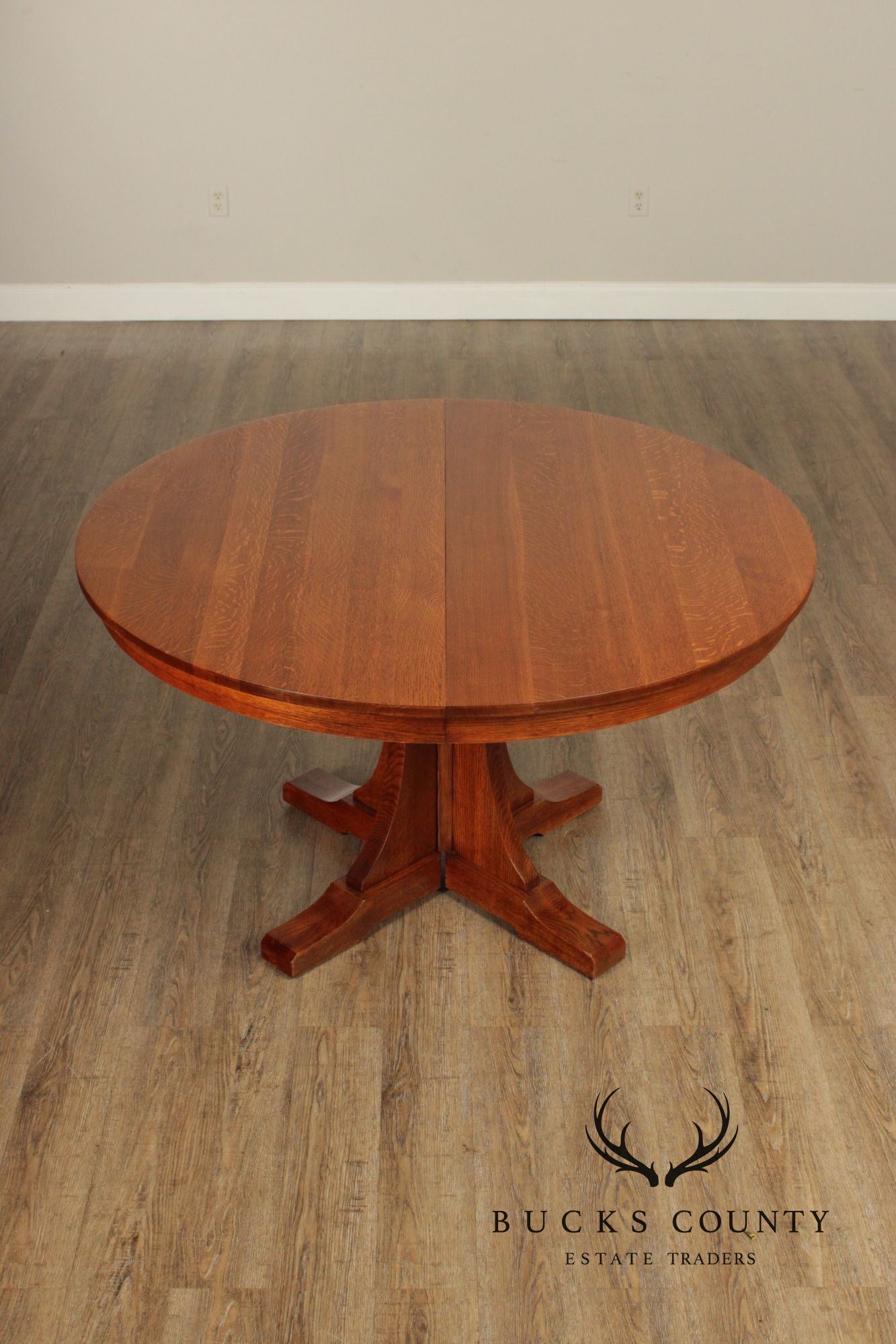 Stickley Mission Collection Round Oak Pedestal Expandable Dining Table