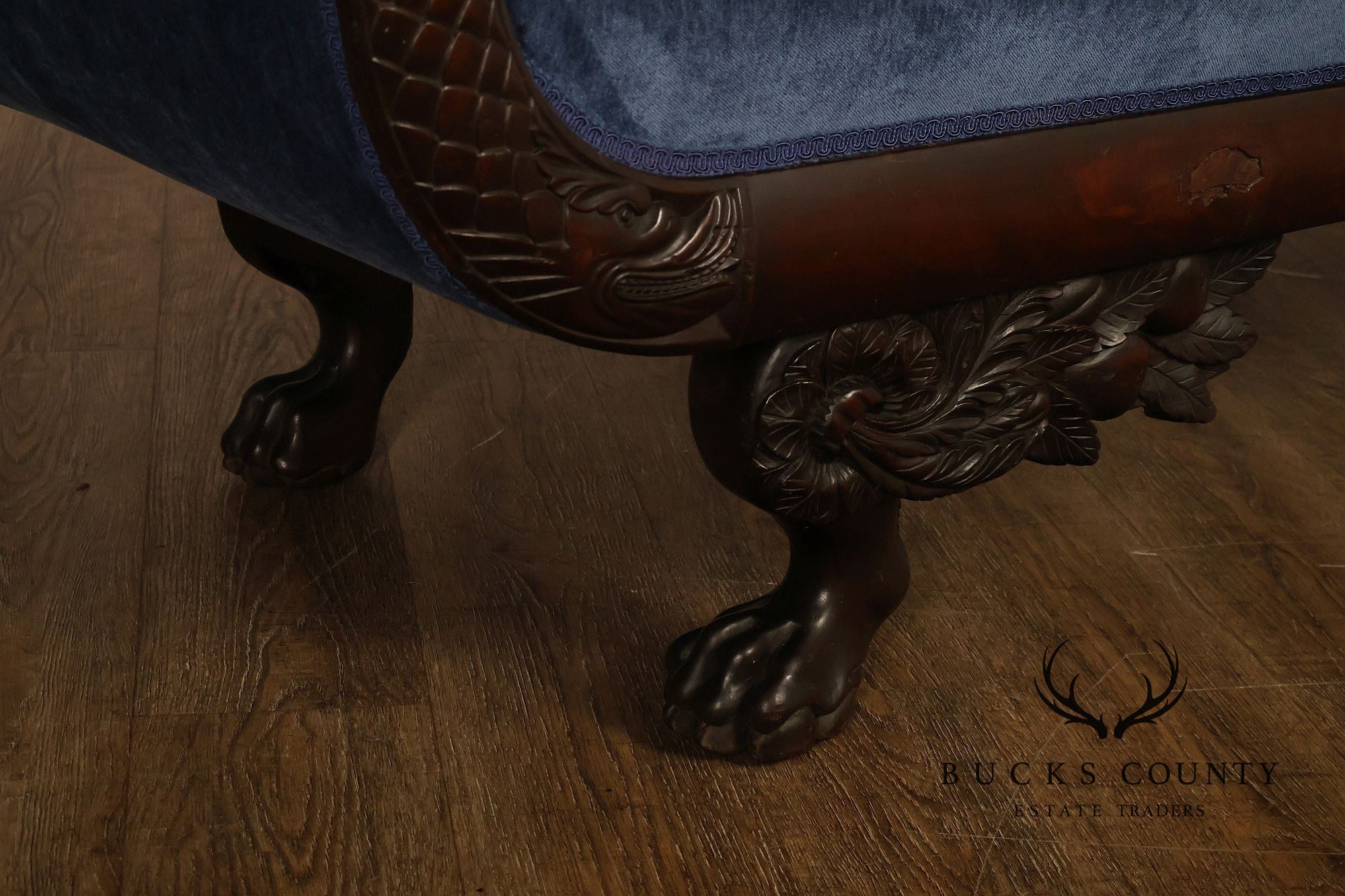 Antique American Empire Mahogany Carved Swan Arm Sofa With Blue Upholstery