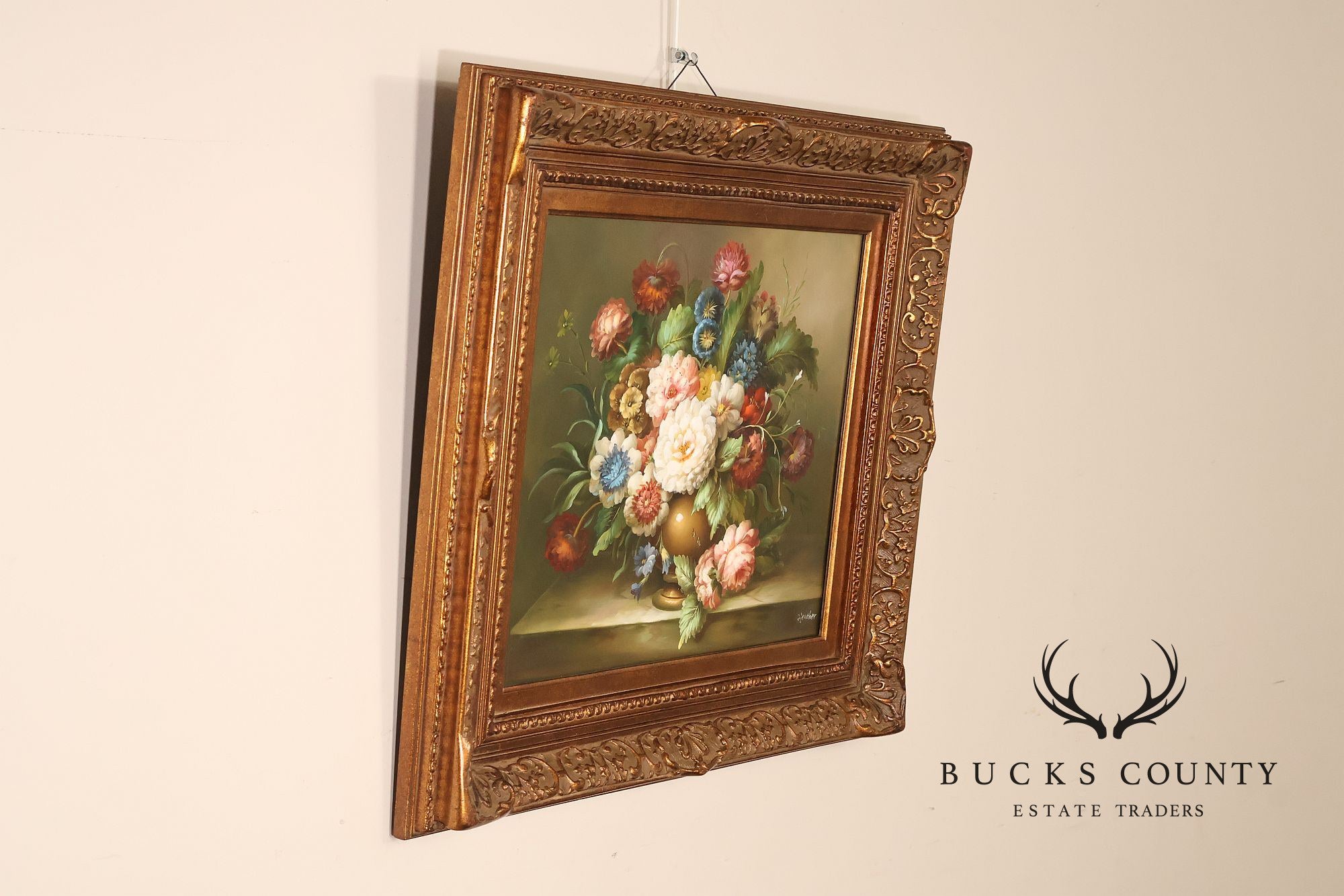 Oil Painting Botanical Still Life in Carved Wood Gold Leaf Frame Signed Heather