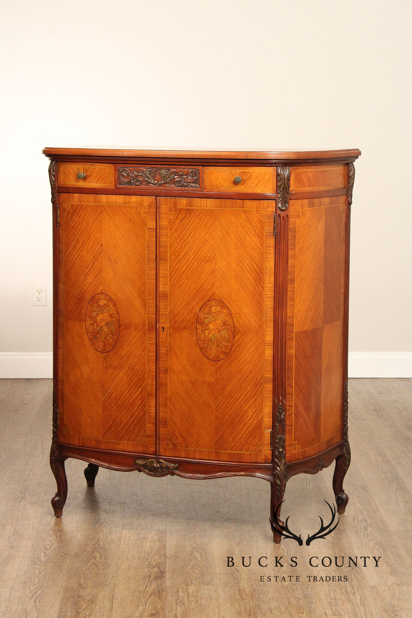 1930's French Louis XV Style Inlaid Satinwood Demilune Gentleman's High Chest