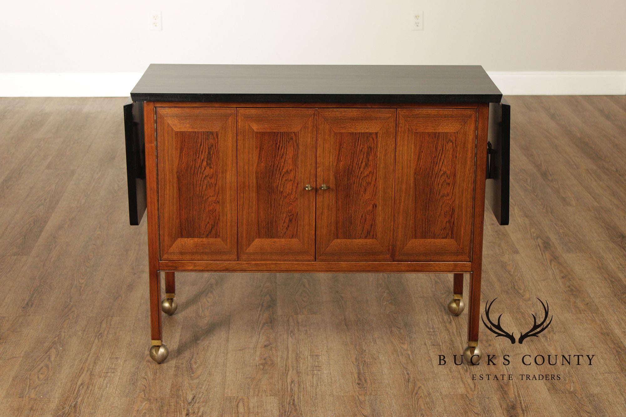 American Of Martinsville Mid Century Walnut And Rosewood Drop Leaf Bar Cart