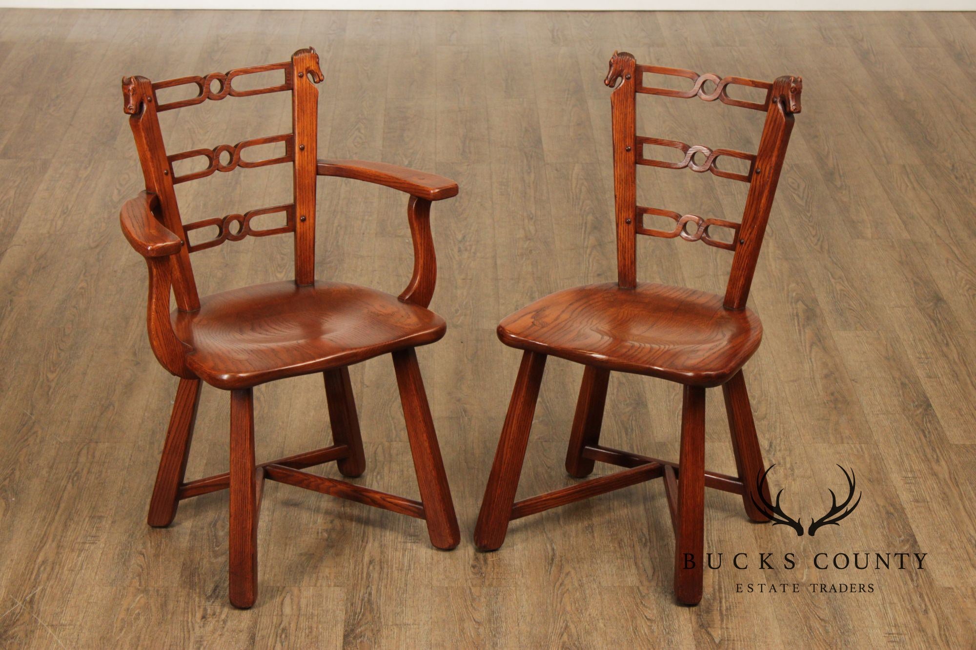 Romweber Set of Six Horse Carved Oak Dining Chairs
