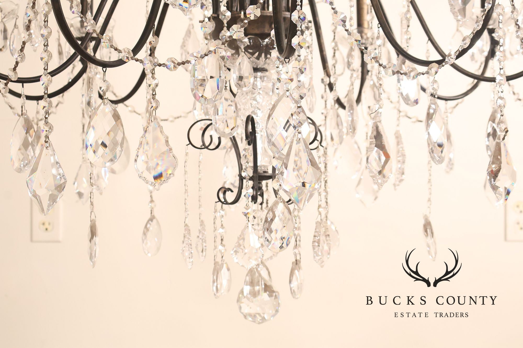 Large Twenty-Light Crystal And Wrought Iron 55" Chandelier