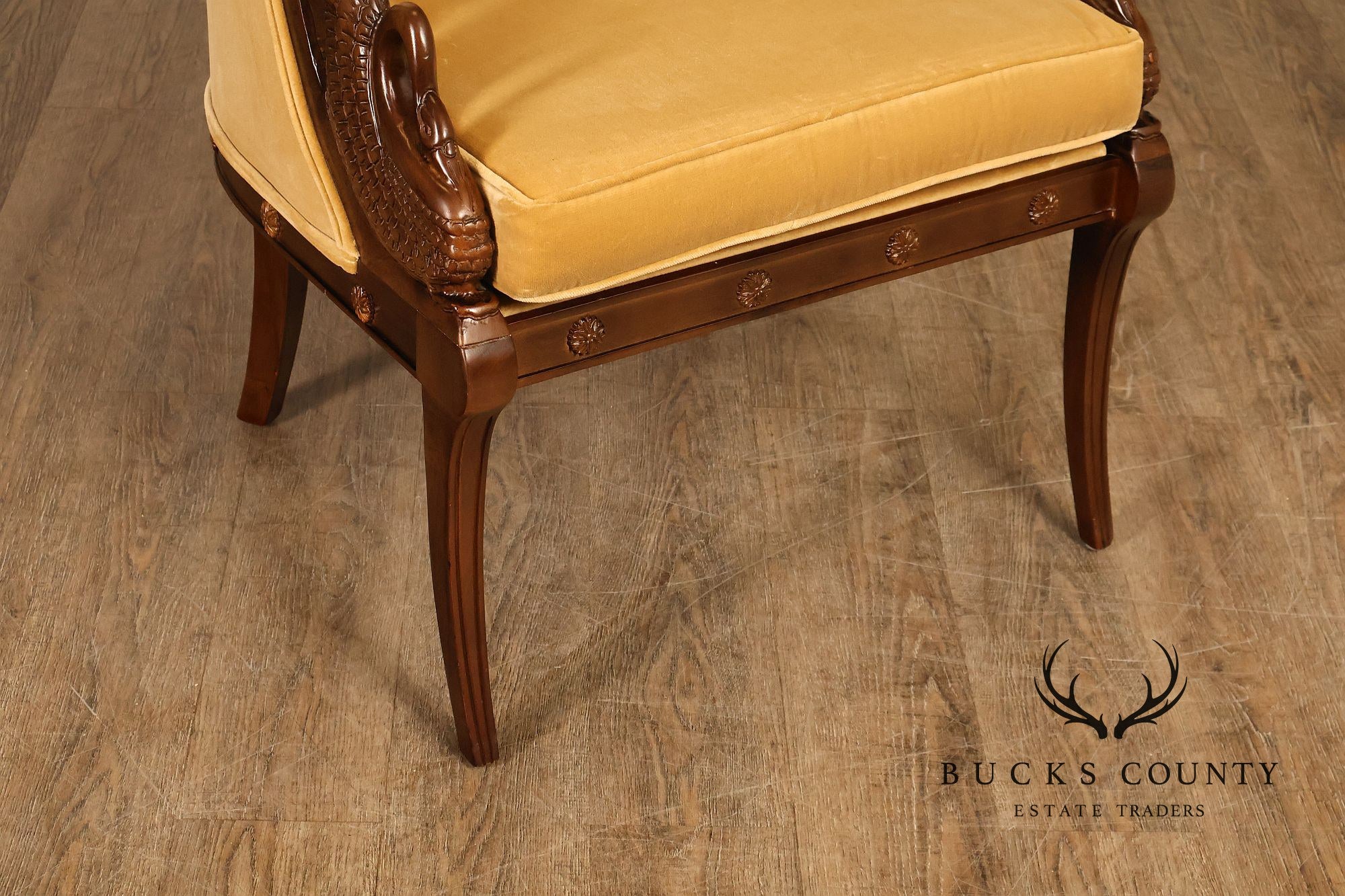 Pair Of French Empire Style Carved Mahogany Swan Motif Barrel Back Club Chairs In Gold Velvet