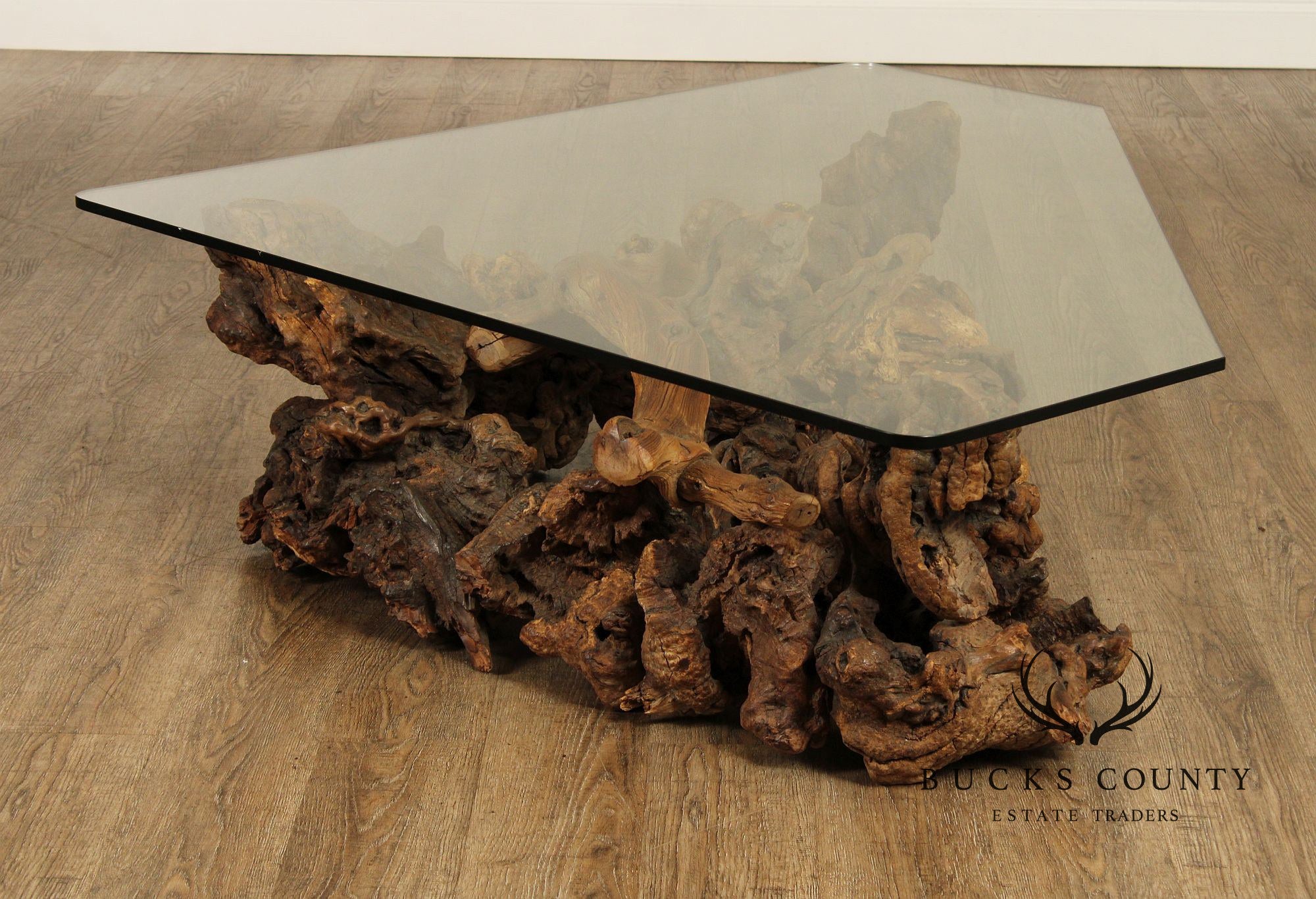 Mid Century Modern Root Burlwood and Glass Top Coffee Table